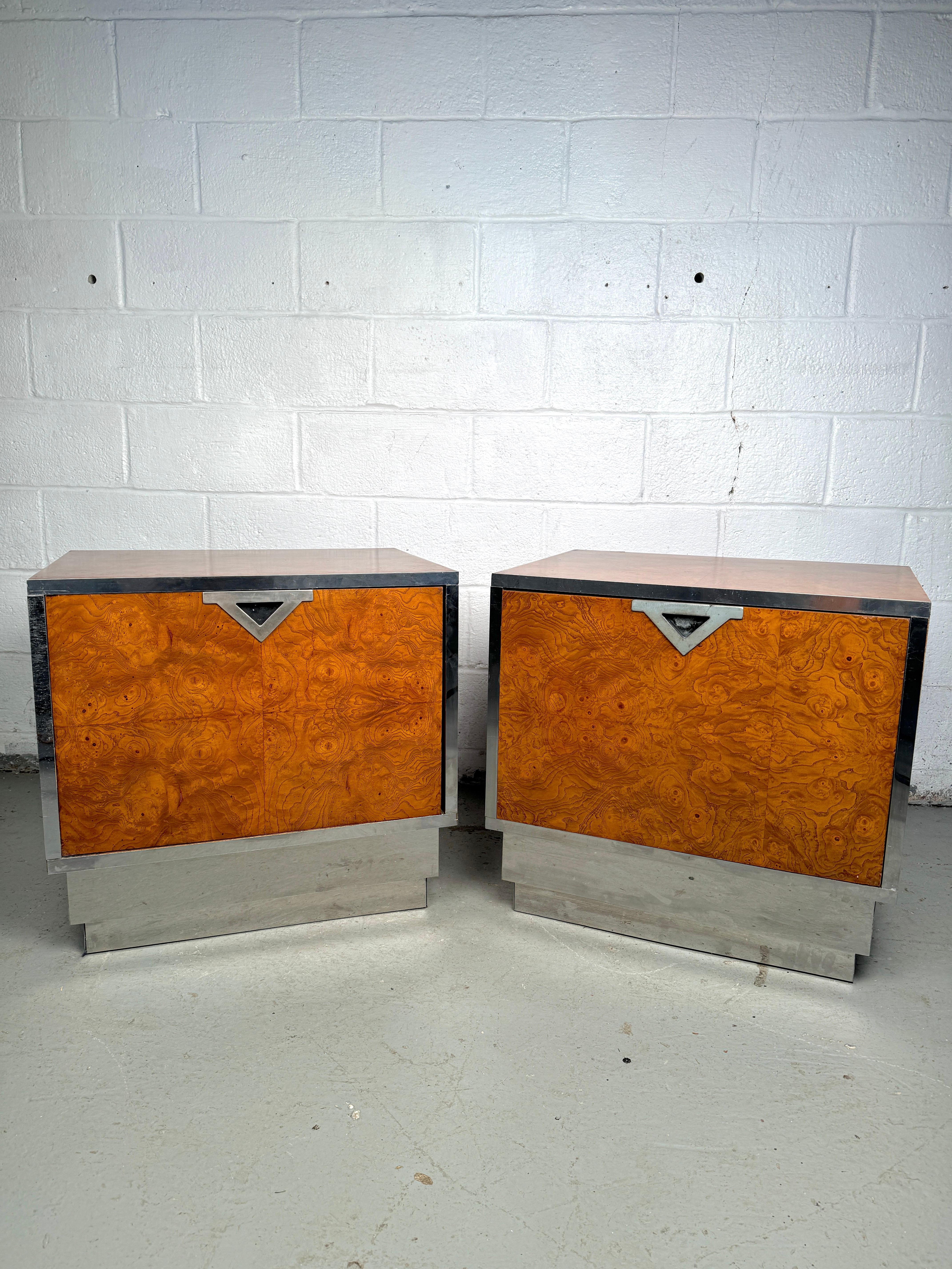 Add a touch of sophisticated charm to your bedroom with these Unique Vintage Burl and Metal Nightstands—a perfect fusion of timeless elegance and modern flair. With their distinctive burl wood detailing and sleek metal accents, these nightstands are