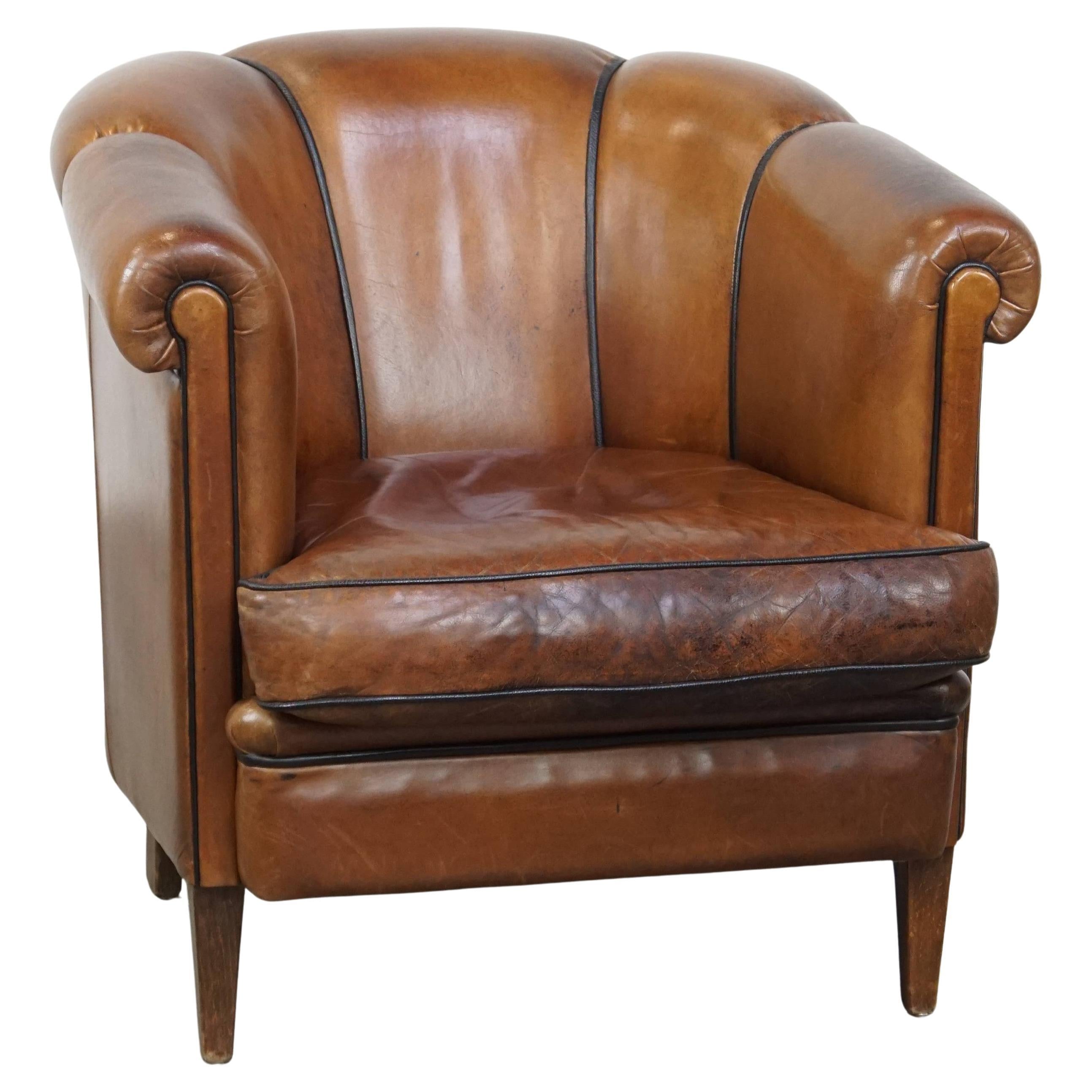 Unique Vintage Cognac-Colored Cowhide Leather Club Chair