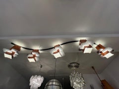 Unique Vintage Copper & Art Glass 5 Shades Flush Mount Ceiling Lamp, ca. 1950s