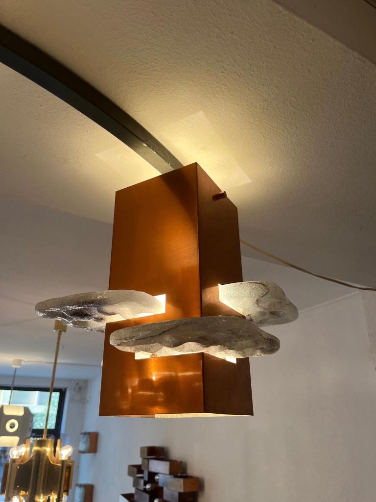 Unique Vintage Copper & Art Glass 5 Shades Flush Mount Ceiling Lamp, ca. 1950s 1