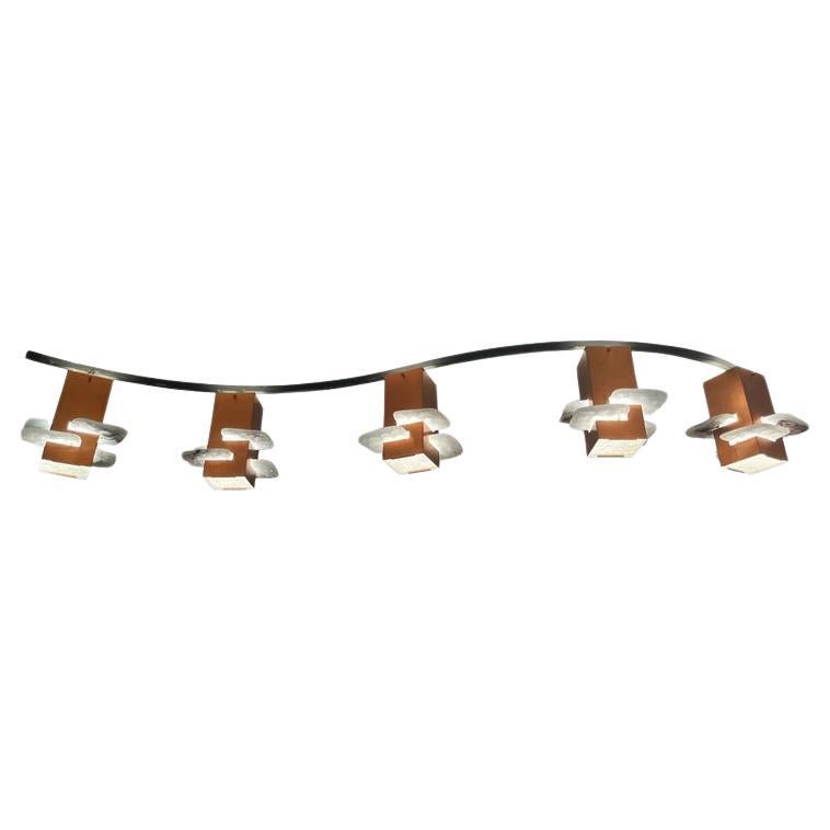 Unique Vintage Copper & Art Glass 5 Shades Flush Mount Ceiling Lamp, ca. 1950s For Sale