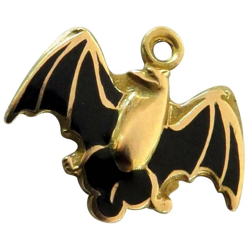 Unique Vintage Enamel Bat Gold Charm Pendant For Sale