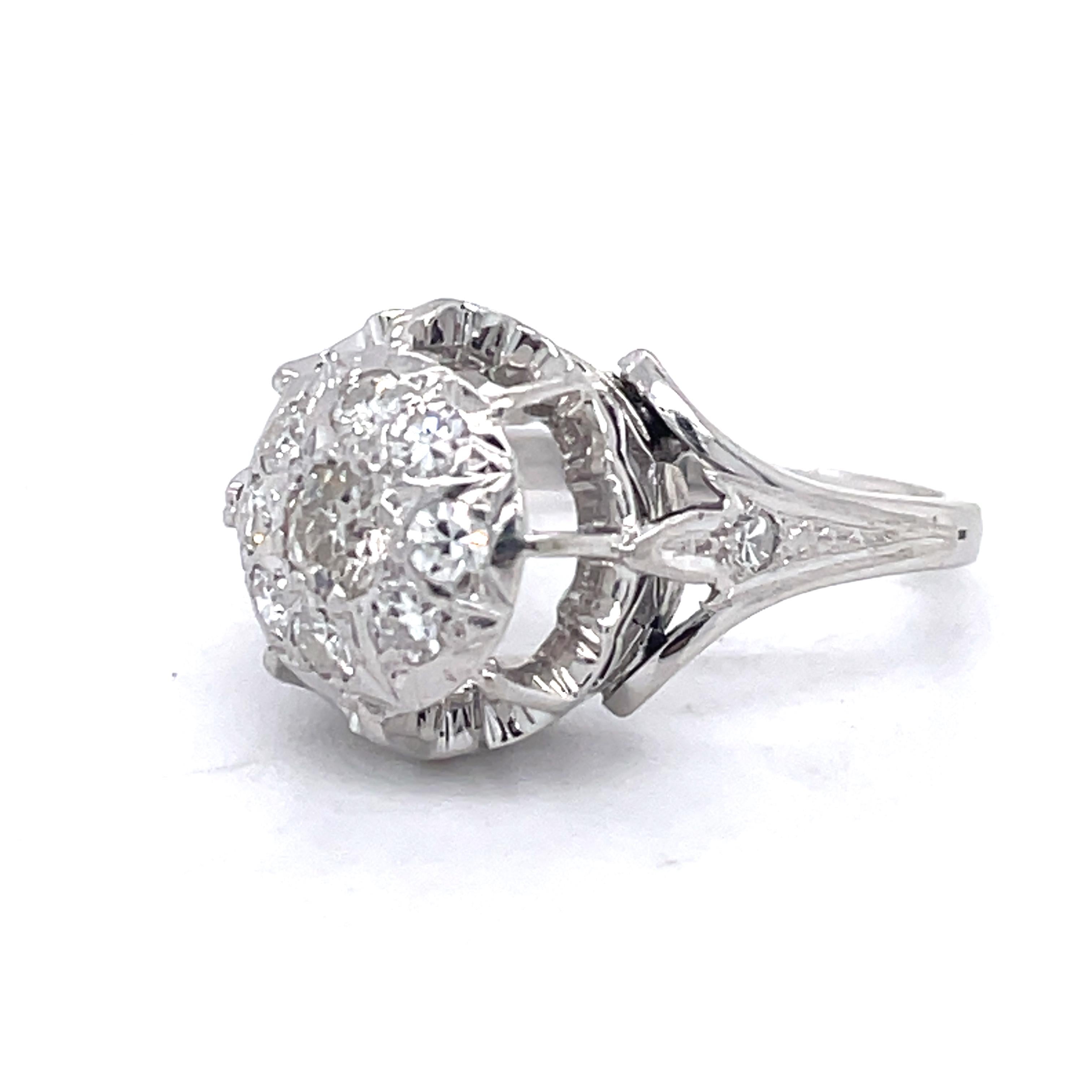 Unique Vintage Engagement Ring 0.55ct Natural Diamond, 18K white gold, Dome ring In Excellent Condition For Sale In Ramat Gan, IL