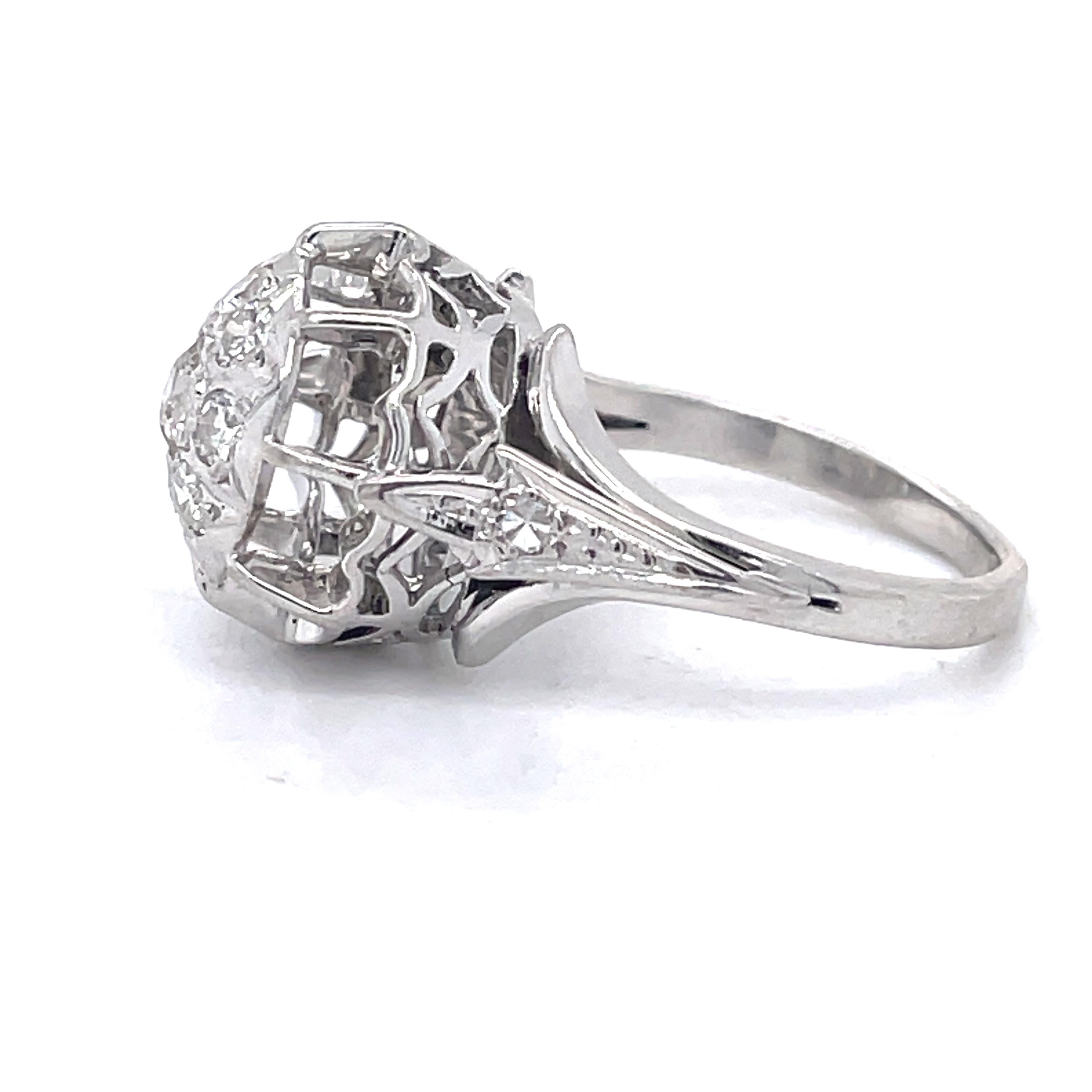 Women's or Men's Unique Vintage Engagement Ring 0.55ct Natural Diamond, 18K white gold, Dome ring For Sale