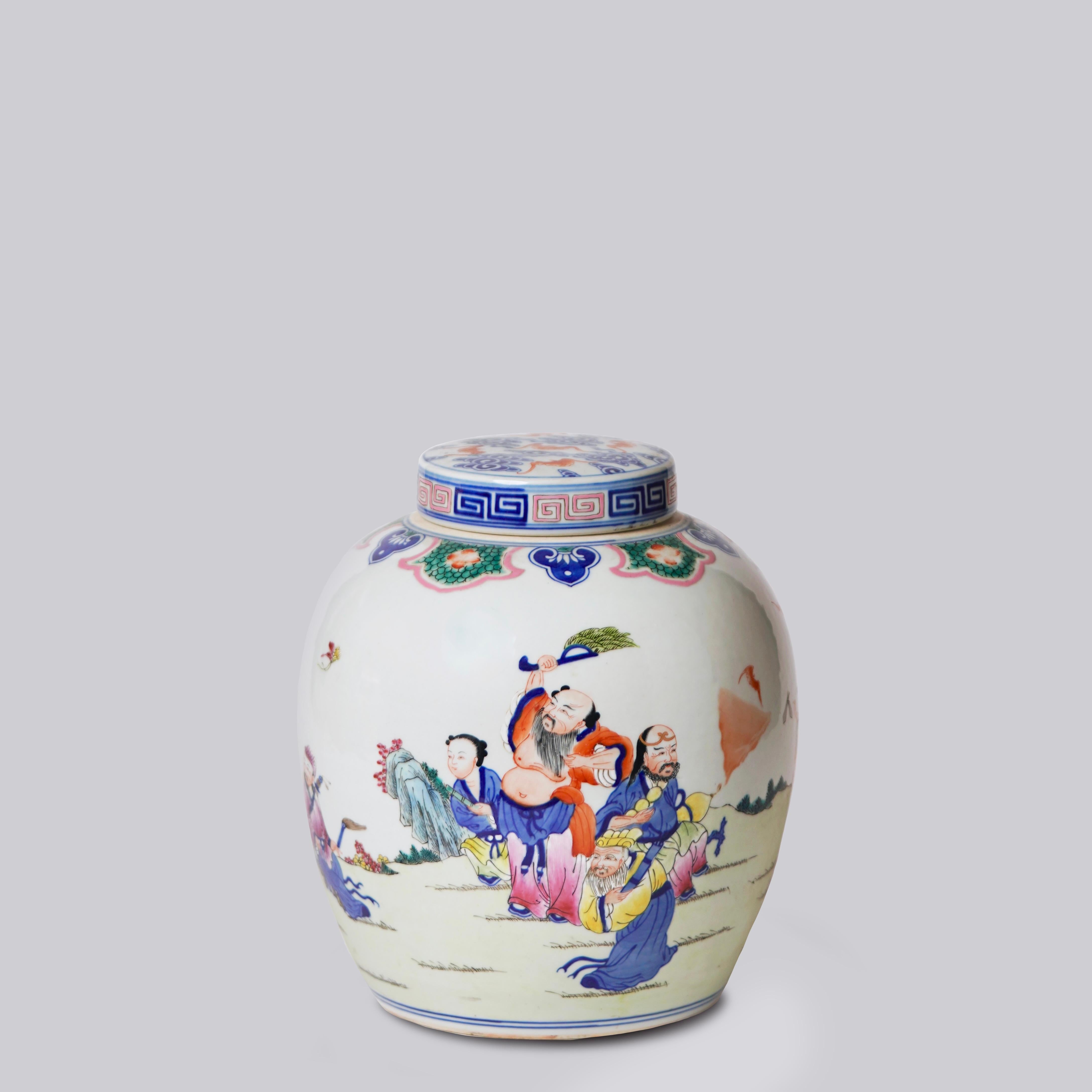 Qing Unique Vintage Famille Bleu Eight Immortals Porcelain Lidded Container