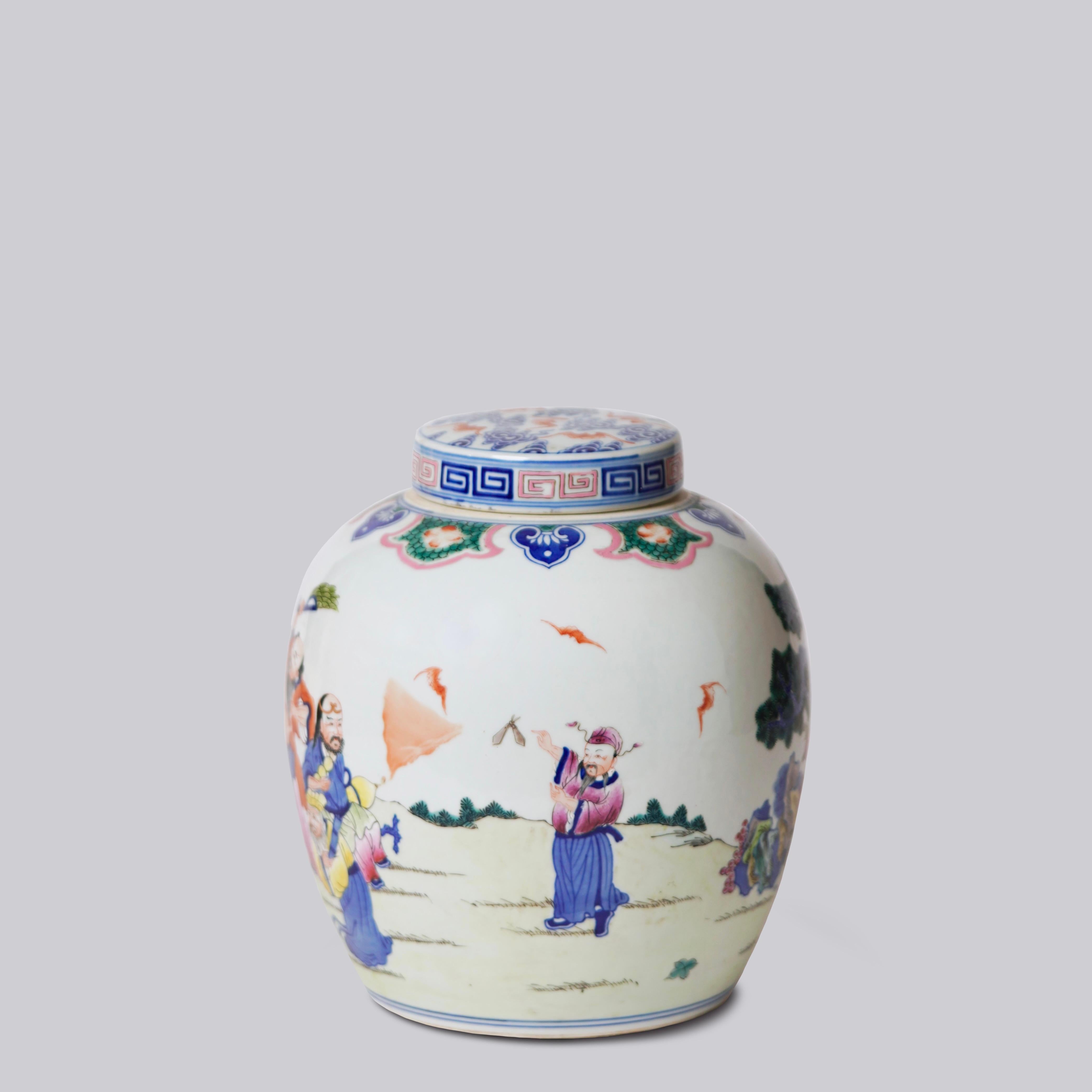 Chinese Unique Vintage Famille Bleu Eight Immortals Porcelain Lidded Container
