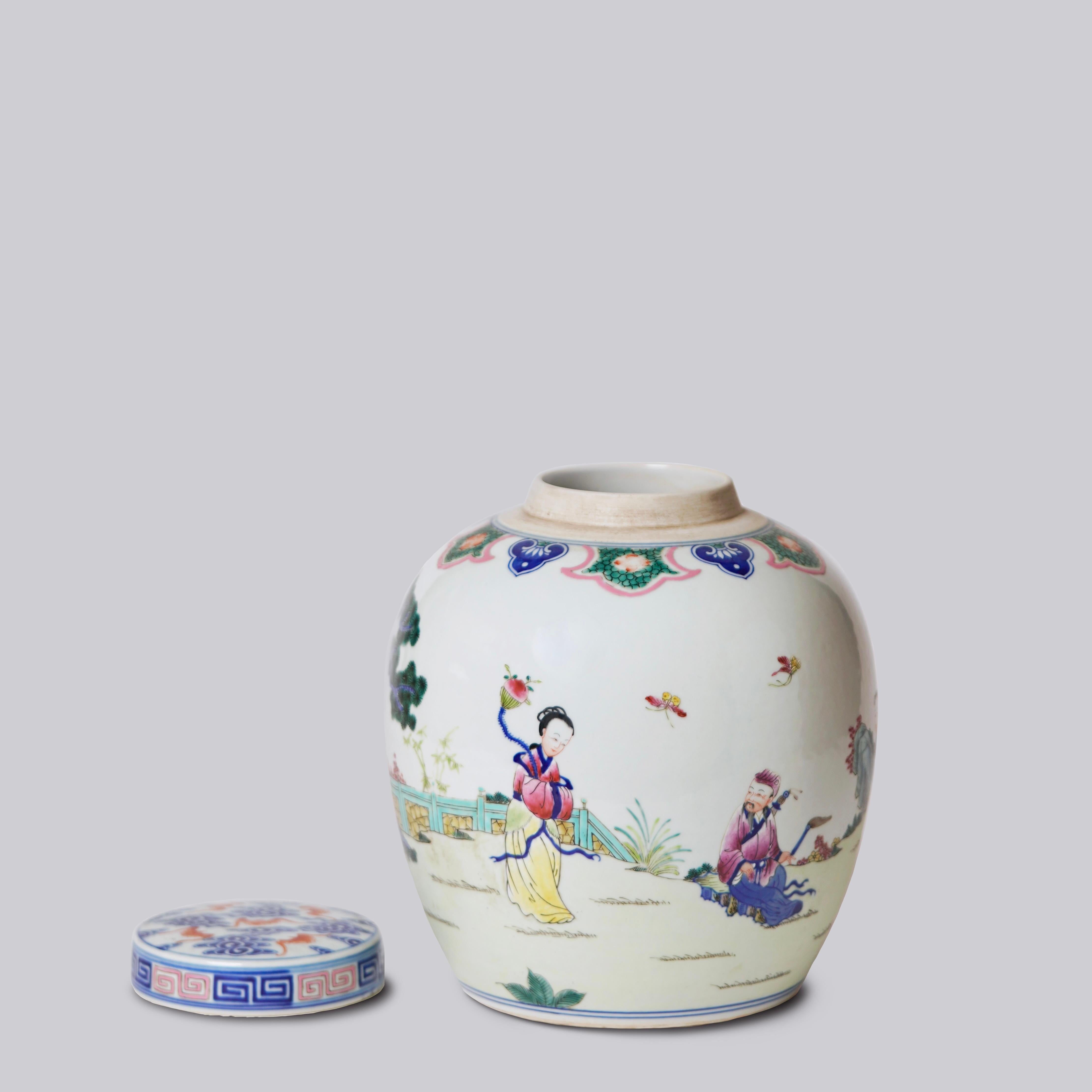 Fired Unique Vintage Famille Bleu Eight Immortals Porcelain Lidded Container