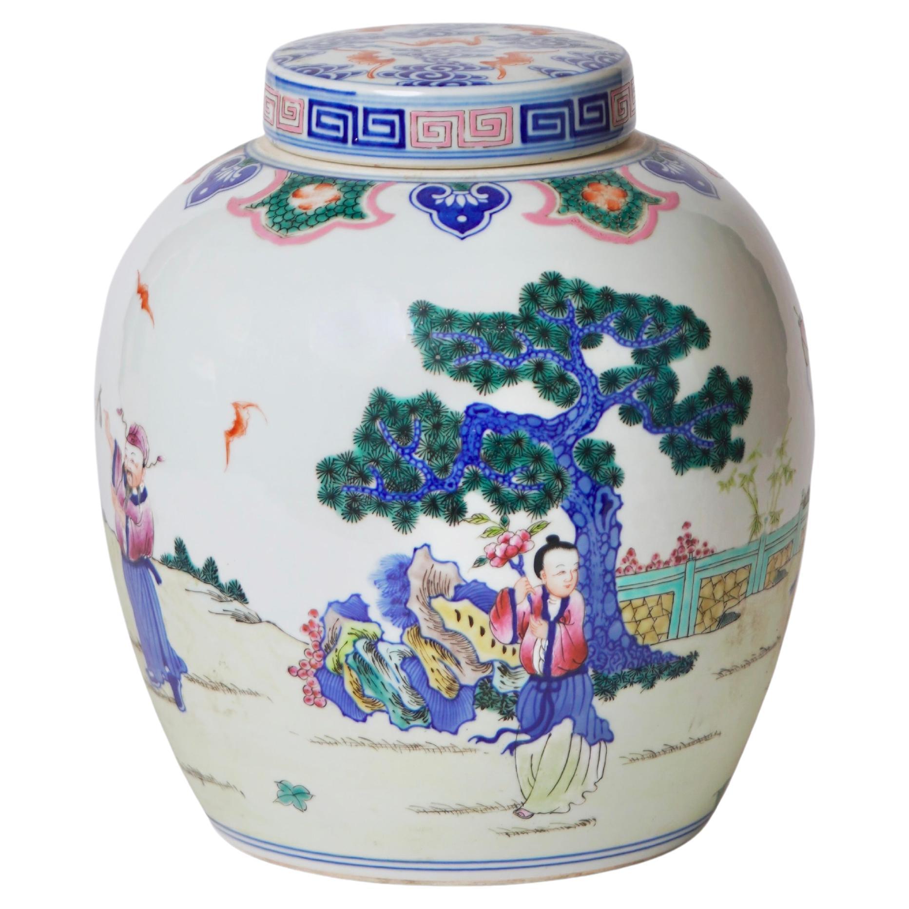 Unique Vintage Famille Bleu Eight Immortals Porcelain Lidded Container