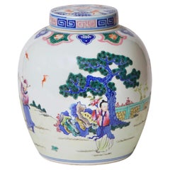 Unique Vintage Famille Bleu Eight Immortals Porcelain Lidded Container