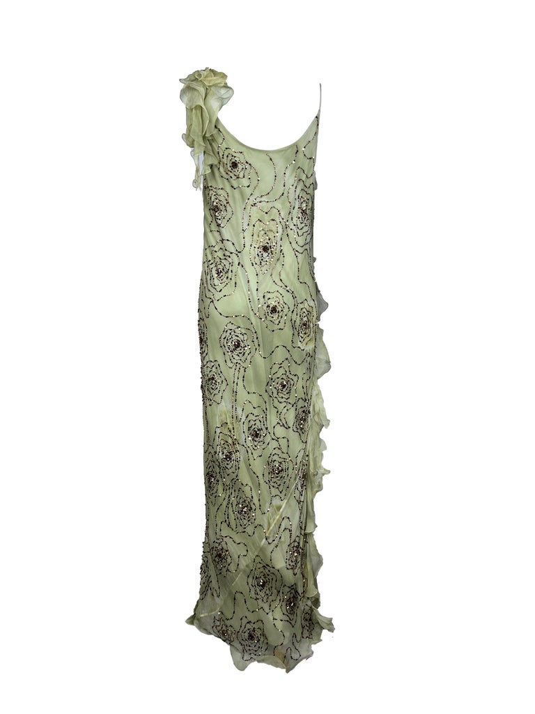 UNIQUE VINTAGE Galliano-esque Green Beaded Bias Cut Dress at 1stDibs