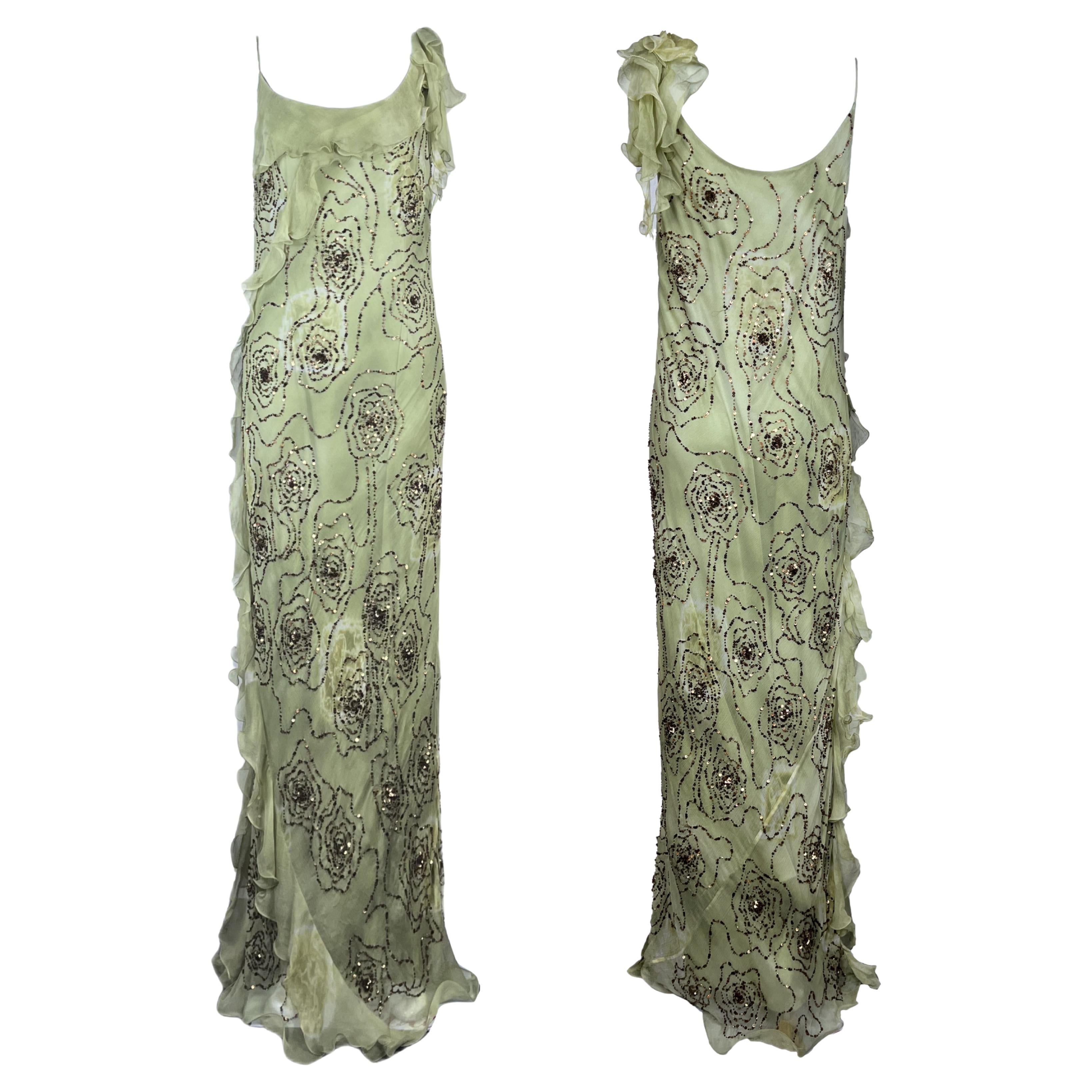 UNIQUE VINTAGE Galliano-esque Green Beaded Bias Cut Dress For Sale