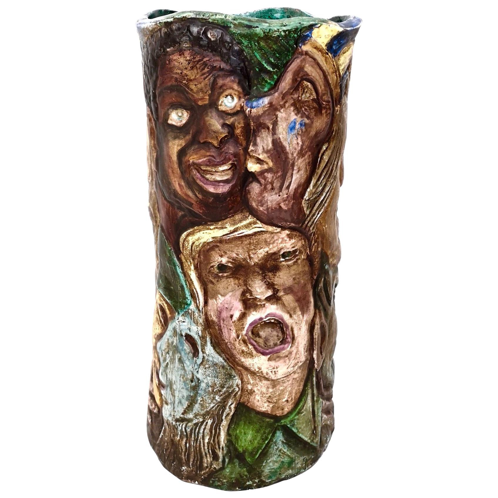 Unique Vintage Hand-Painted Vase with Faces Ascribable to Tullio d'Albisola