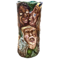 Unique Vintage Hand-Painted Vase with Faces Ascribable to Tullio d'Albisola