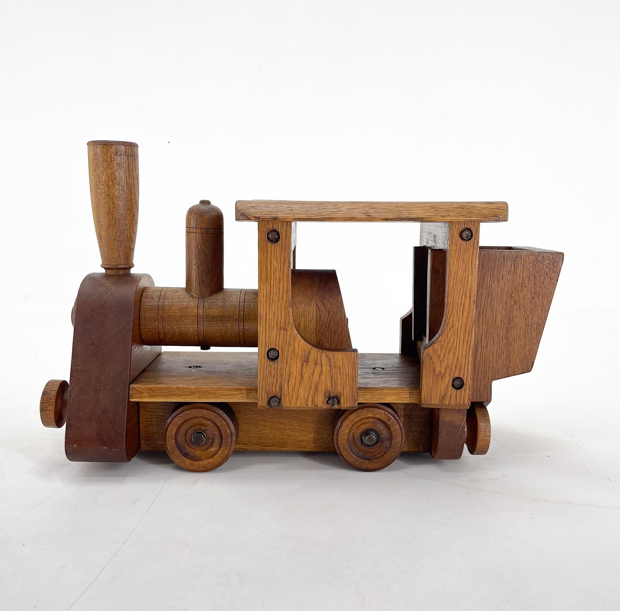 Mid-Century Modern Unique Vintage Handcrafted Oak Wood Stool in Shape of Locomotive, 1950s For Sale