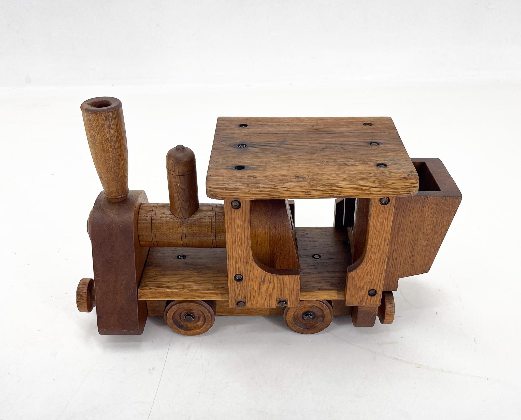 20th Century Unique Vintage Handcrafted Oak Wood Stool in Shape of Locomotive, 1950s For Sale