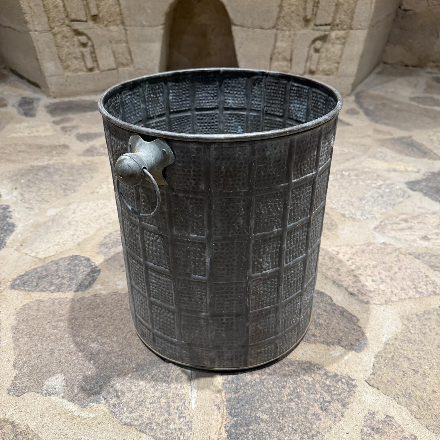 Patinated Unique Vintage Planter Brass Bucket Hand Hammered Handles Verdigris For Sale