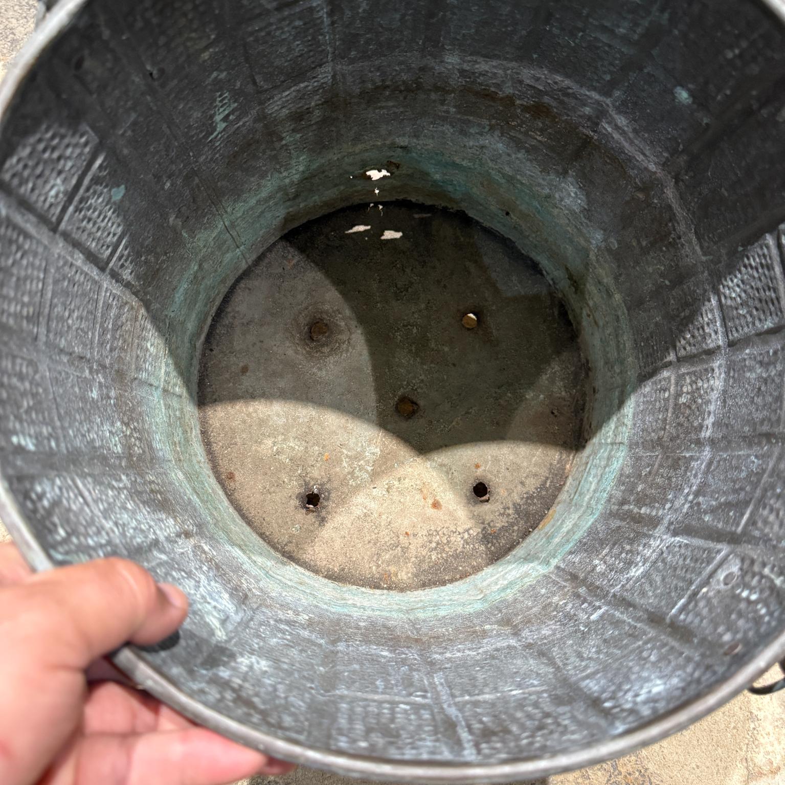 Mid-20th Century Unique Vintage Planter Brass Bucket Hand Hammered Handles Verdigris For Sale