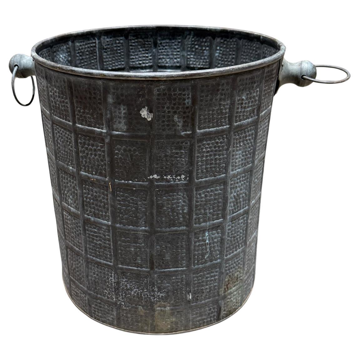 Unique Vintage Planter Brass Bucket Hand Hammered Handles Verdigris For Sale