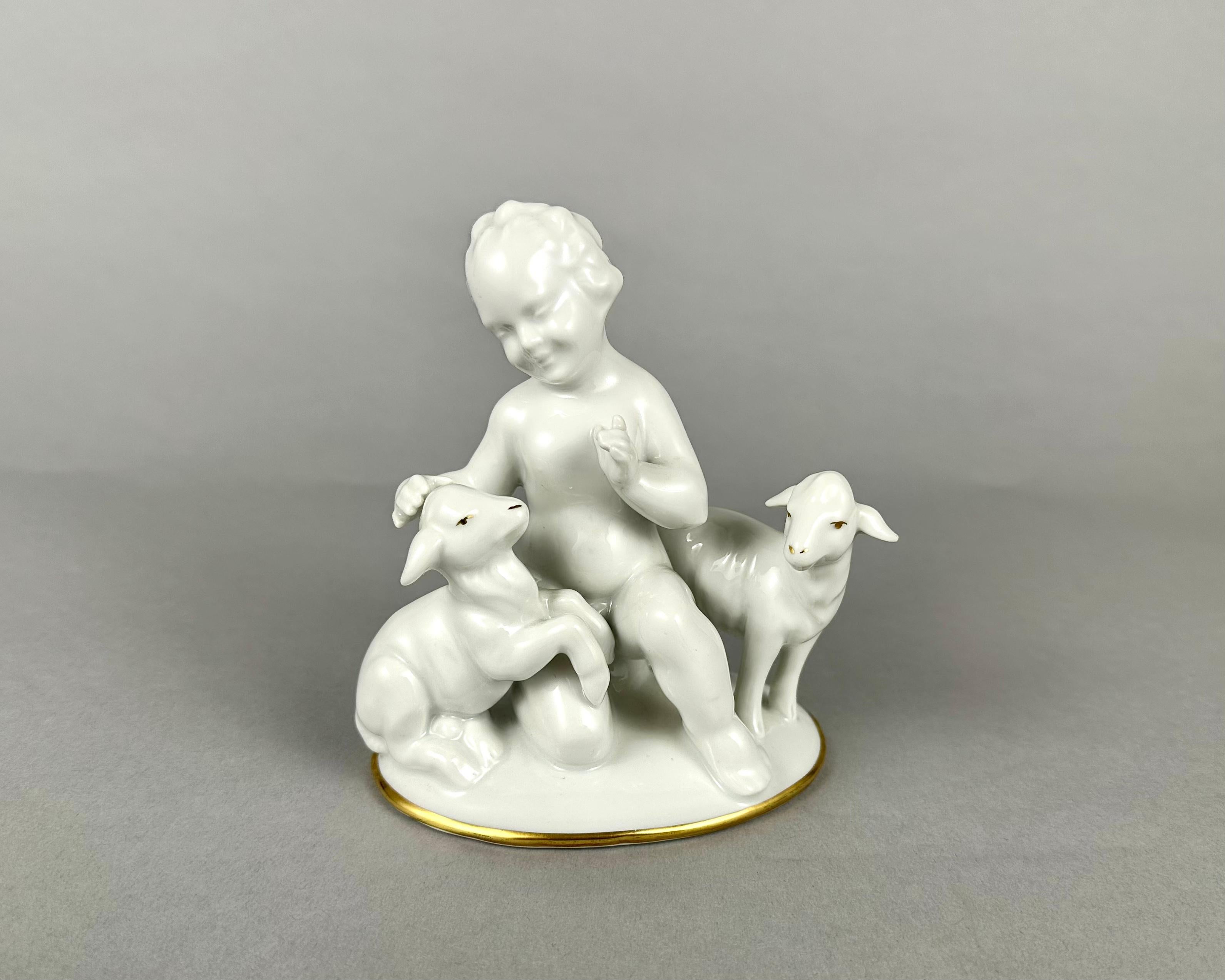 The highly detailed German Snow White porcelain figurine Putti with lambs in gilding by GEROLD PORZELLAN - BAVARIA, 1960s.

Very rare and outstanding hard-to-find figurine. It has the finest detail.

Skillfully traced details, completely