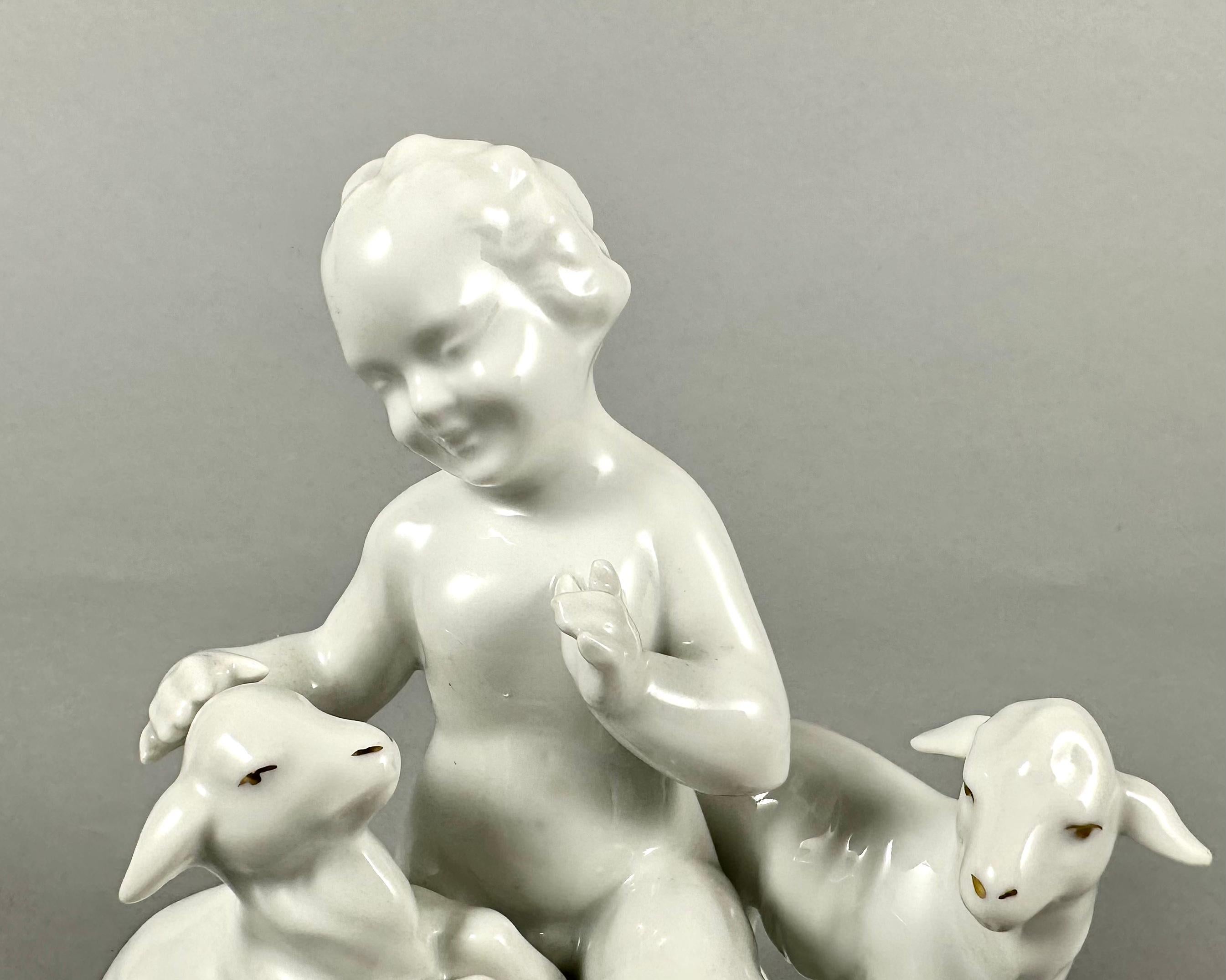 Mid-20th Century Unique Vintage Porcelain Figurine Cherub With Lambs Gerold & Co. Tettau Bavaria For Sale