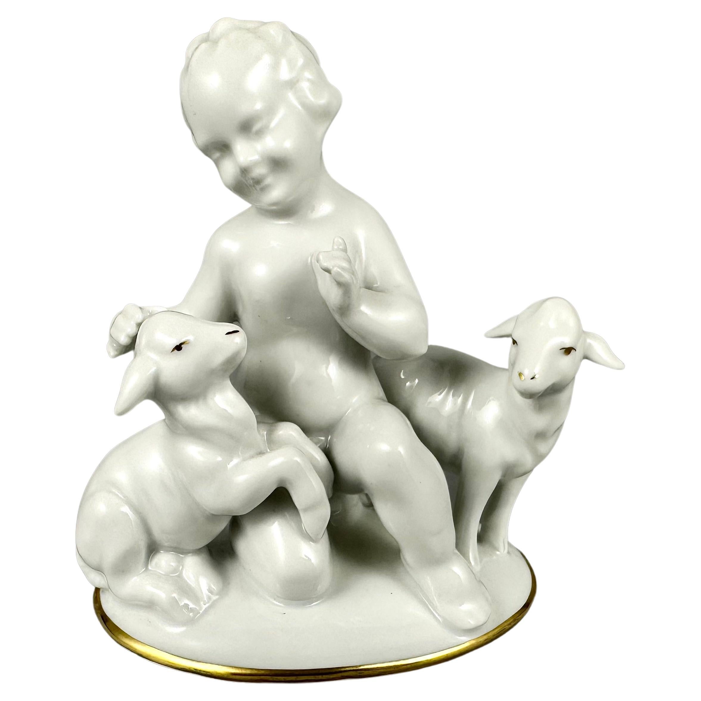 Figurine unique de chérubin en porcelaine vintage avec agneaux Gerold & Co. Tettau Bavière