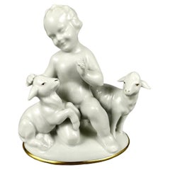 Unique Vintage Porcelain Figurine Cherub With Lambs Gerold & Co. Tettau Bavaria