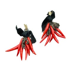 Unique Vintage Red Peppers Glass 
Velvet Earrings, 1930