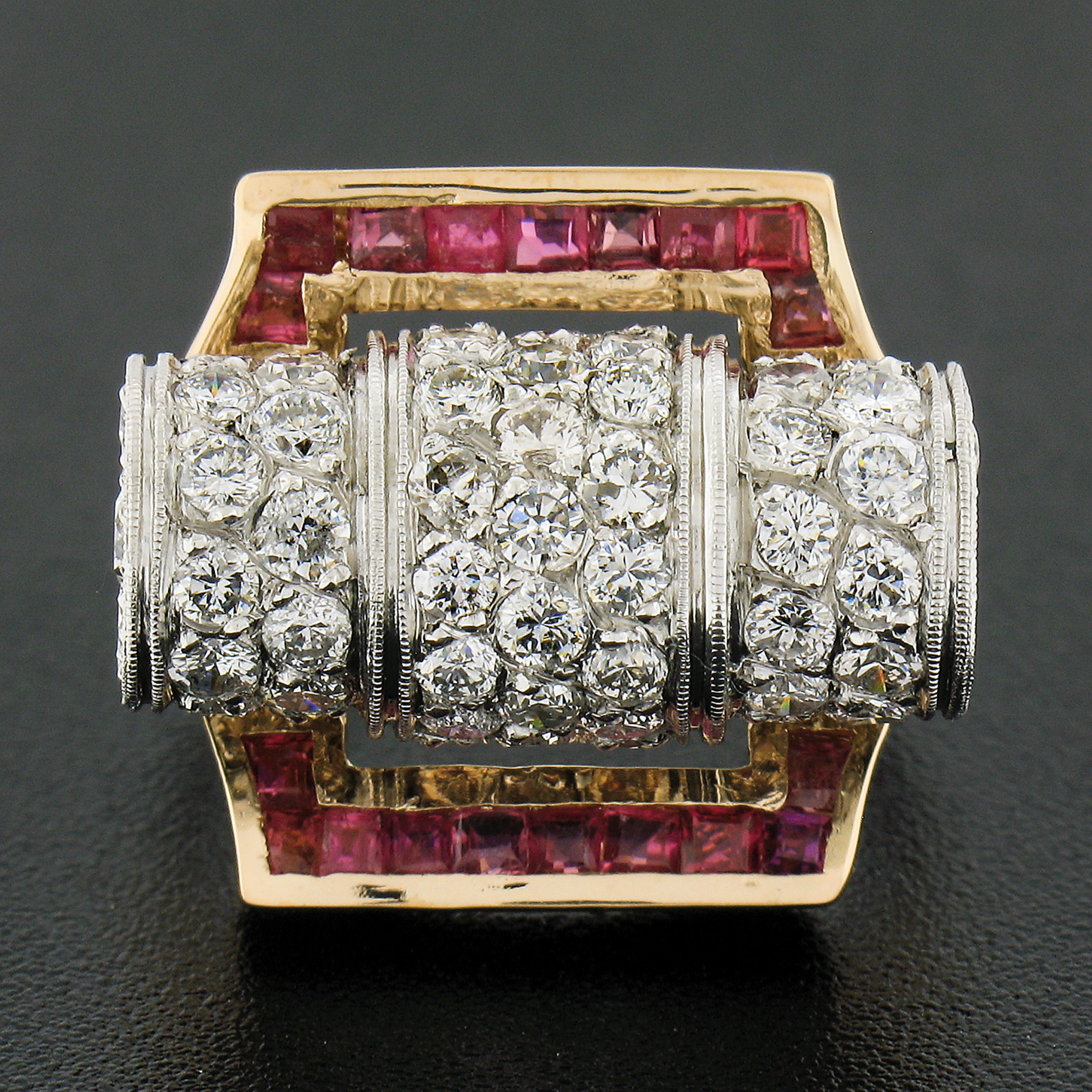 Here we have an absolutely magnificence vintage cocktail ring and insert set that was crafted solid 14k gold and platinum. The center ring features a unique barrel design that is completely drenched with fine quality diamonds that are neatly pave