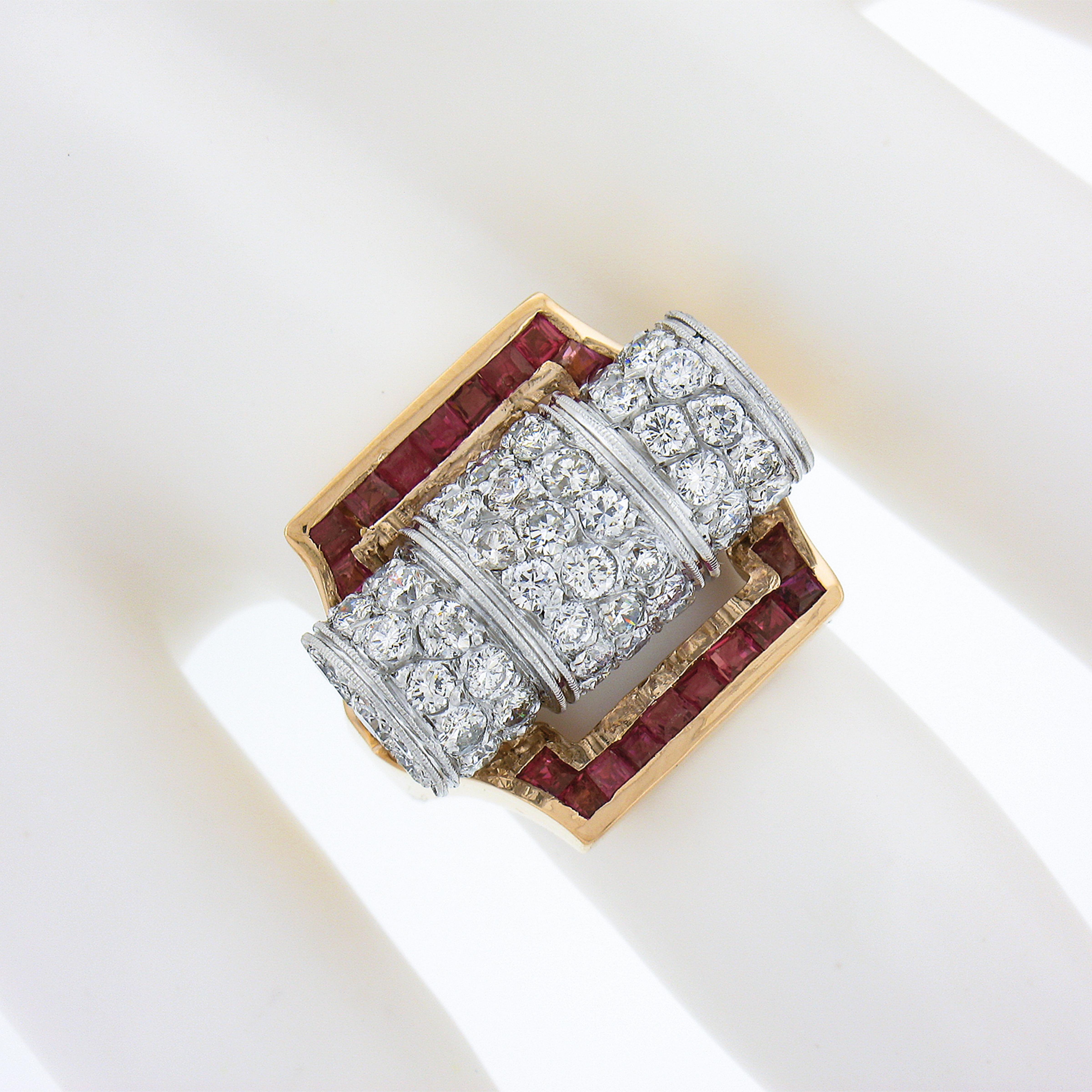 Square Cut Unique Vintage Retro 14k Gold & Platinum 2.75ctw Diamond & Ruby Insert Ring Set For Sale