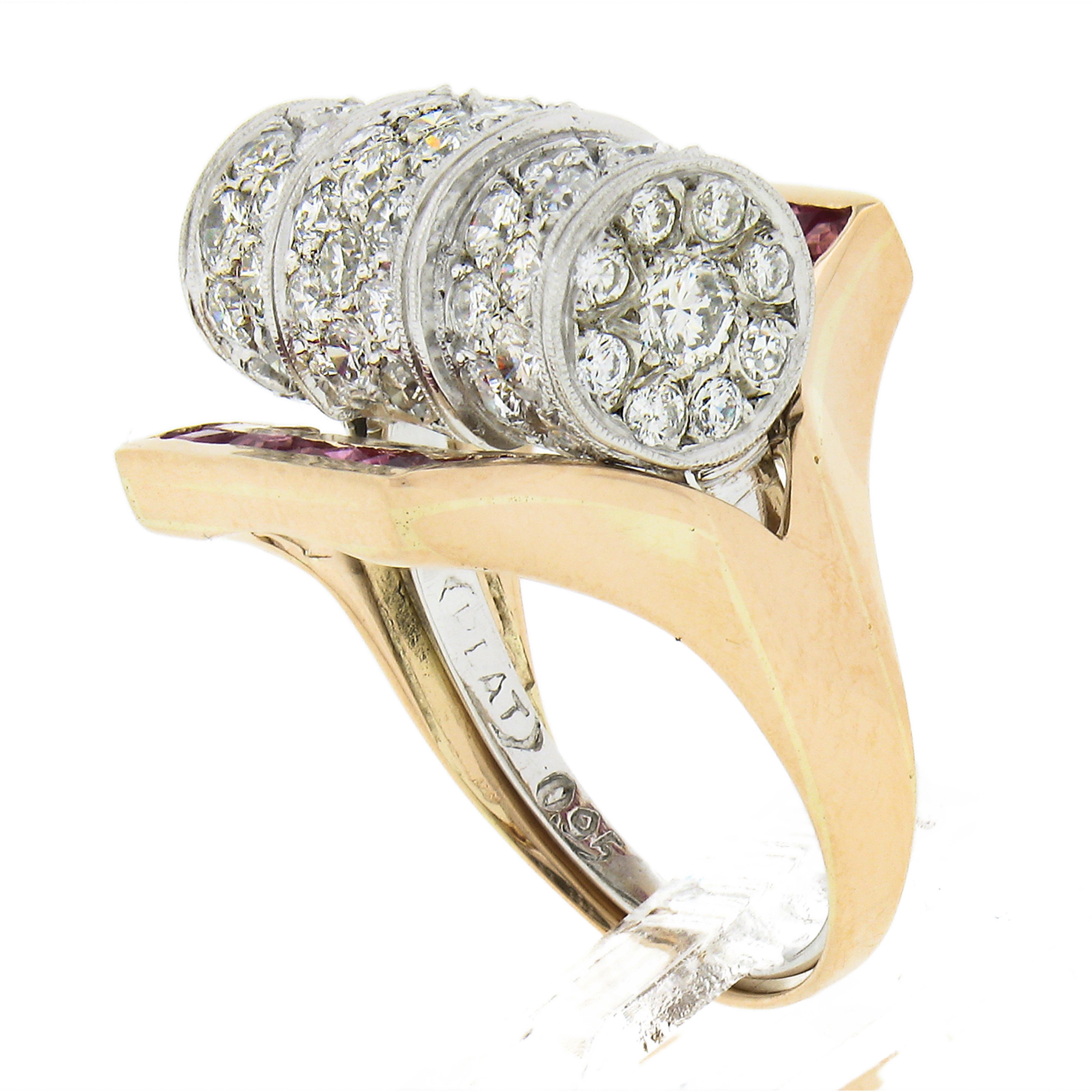 Unique Vintage Retro 14k Gold & Platinum 2.75ctw Diamond & Ruby Insert Ring Set For Sale 4