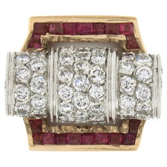 Unique Vintage Retro 14k Gold & Platinum 2.75ctw Diamond & Ruby Insert Ring Set