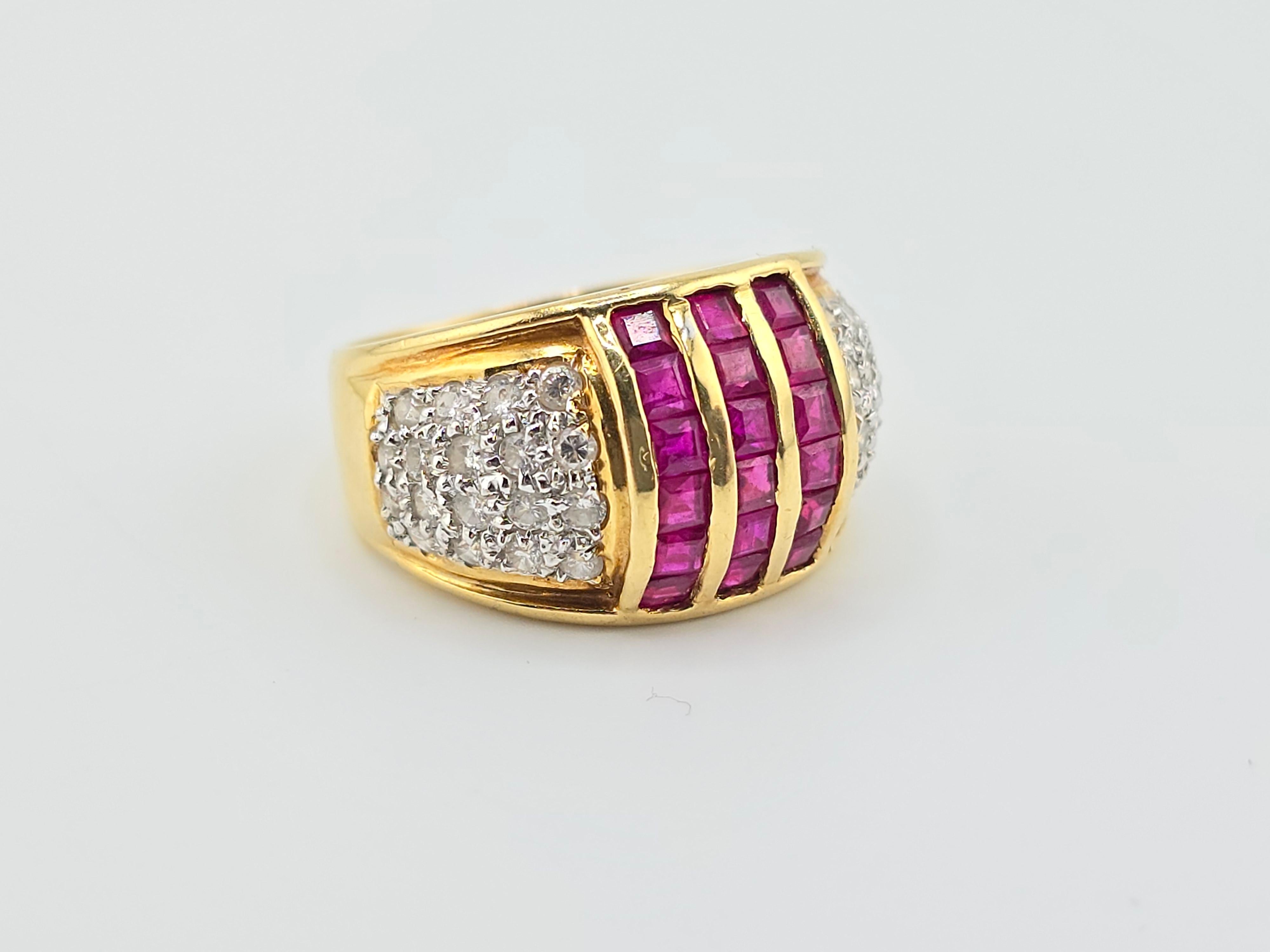 This is a marvelous ruby and diamond yellow gold ring made out of fine 18 karat gold. The quality on the diamonds are great with a mix of  VS to SI clarity.  The rubies have a nice even purplish red color to it. Diamonds on the other hand have a
