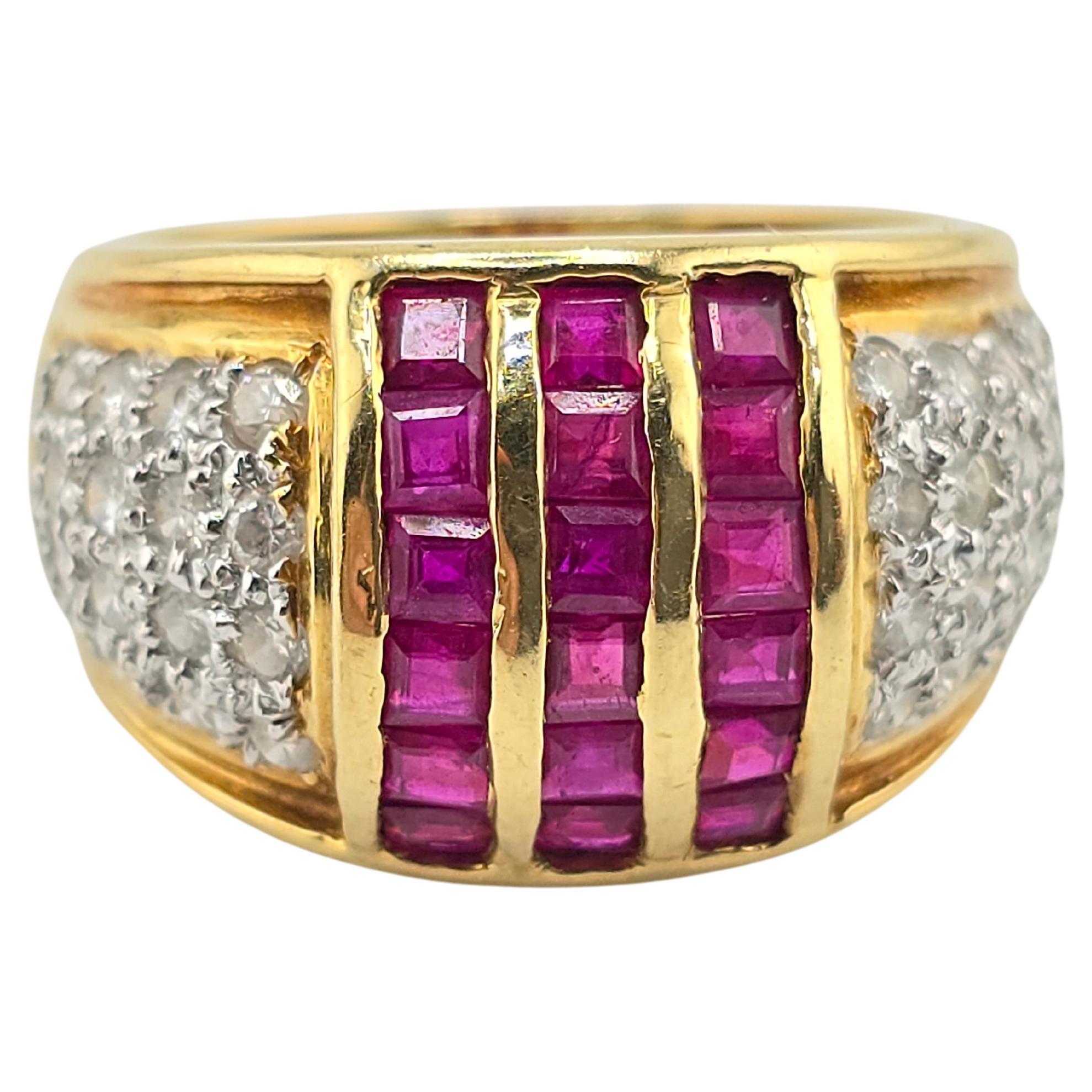 Unique Vintage Ruby & Diamond 18K Yellow Gold Ring 8.05 Grams For Sale