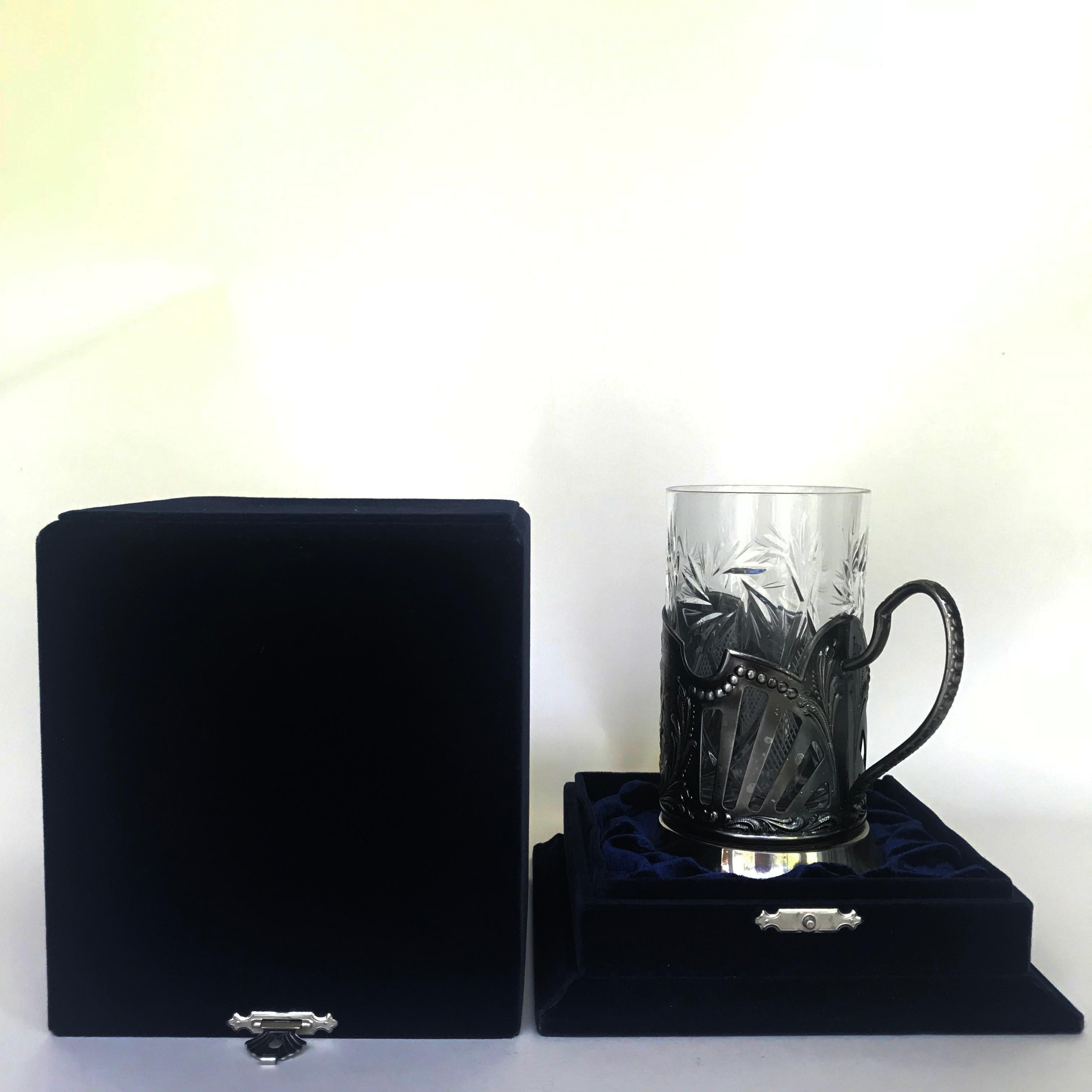 Unique Vintage Russian Metal Crystal Glass Holder with Original Velvet Blue Box In Good Condition In Los Angeles, CA