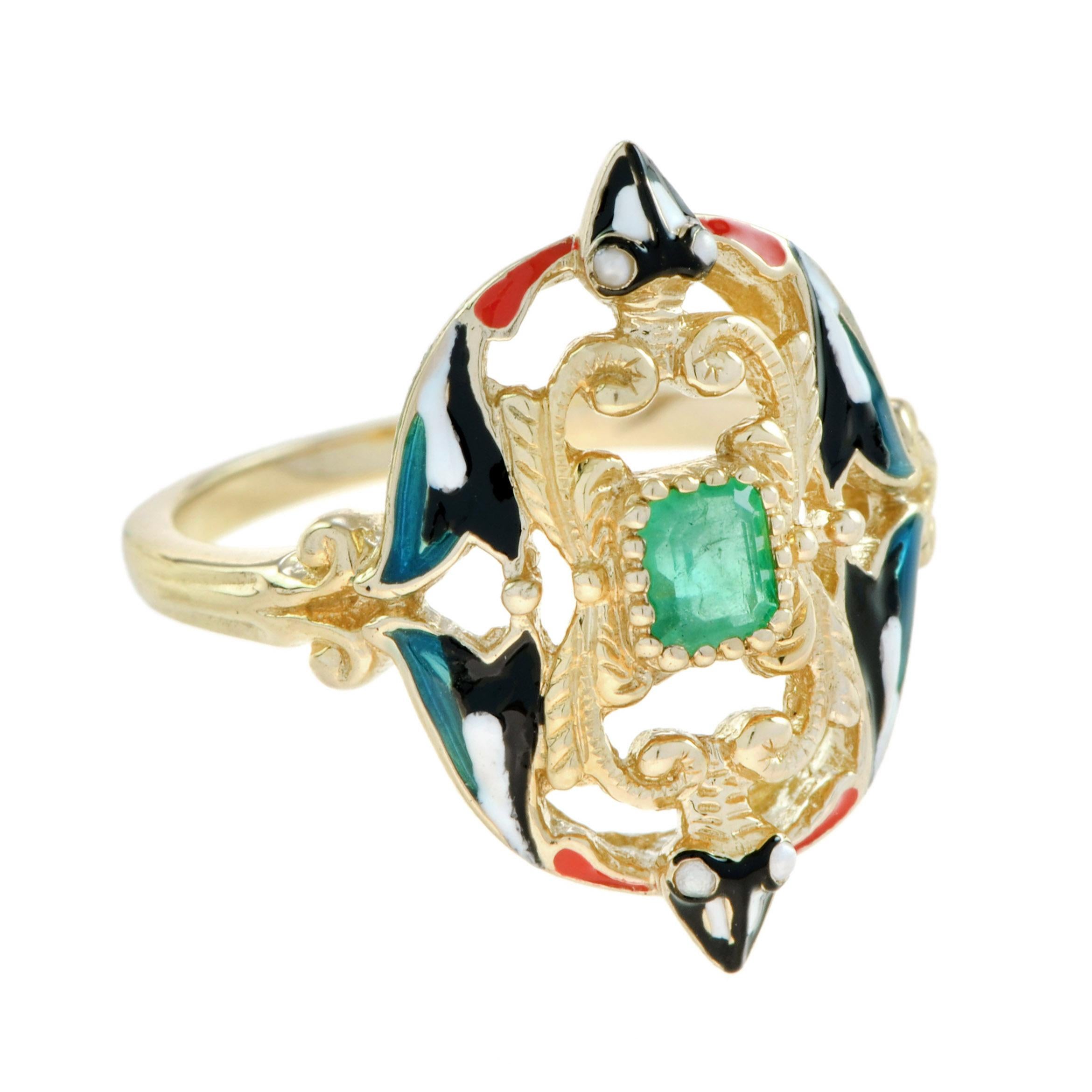 This beautiful, ring gives you a bold look with fine, delicate detailing visible from every angle. Plus, the contrasting center emerald gemstone and enamel color combos help create a unique sophisticated look. 14K Yellow Gold. 
Ring