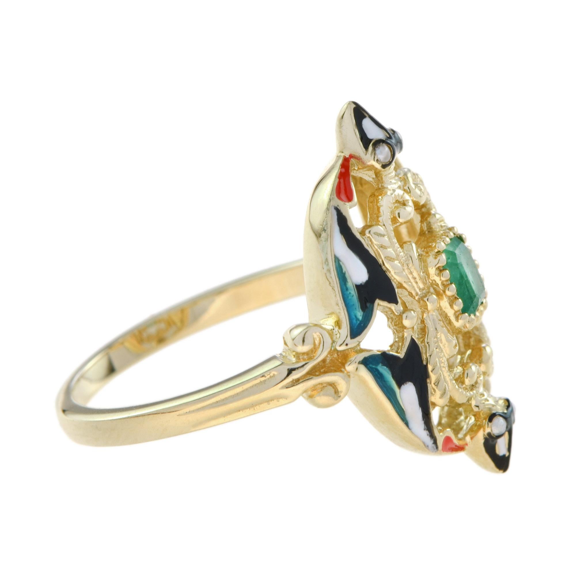 Emerald Cut Unique Vintage Style Emerald & Pearl with Enamel Cocktail 14K Yellow Gold Ring For Sale
