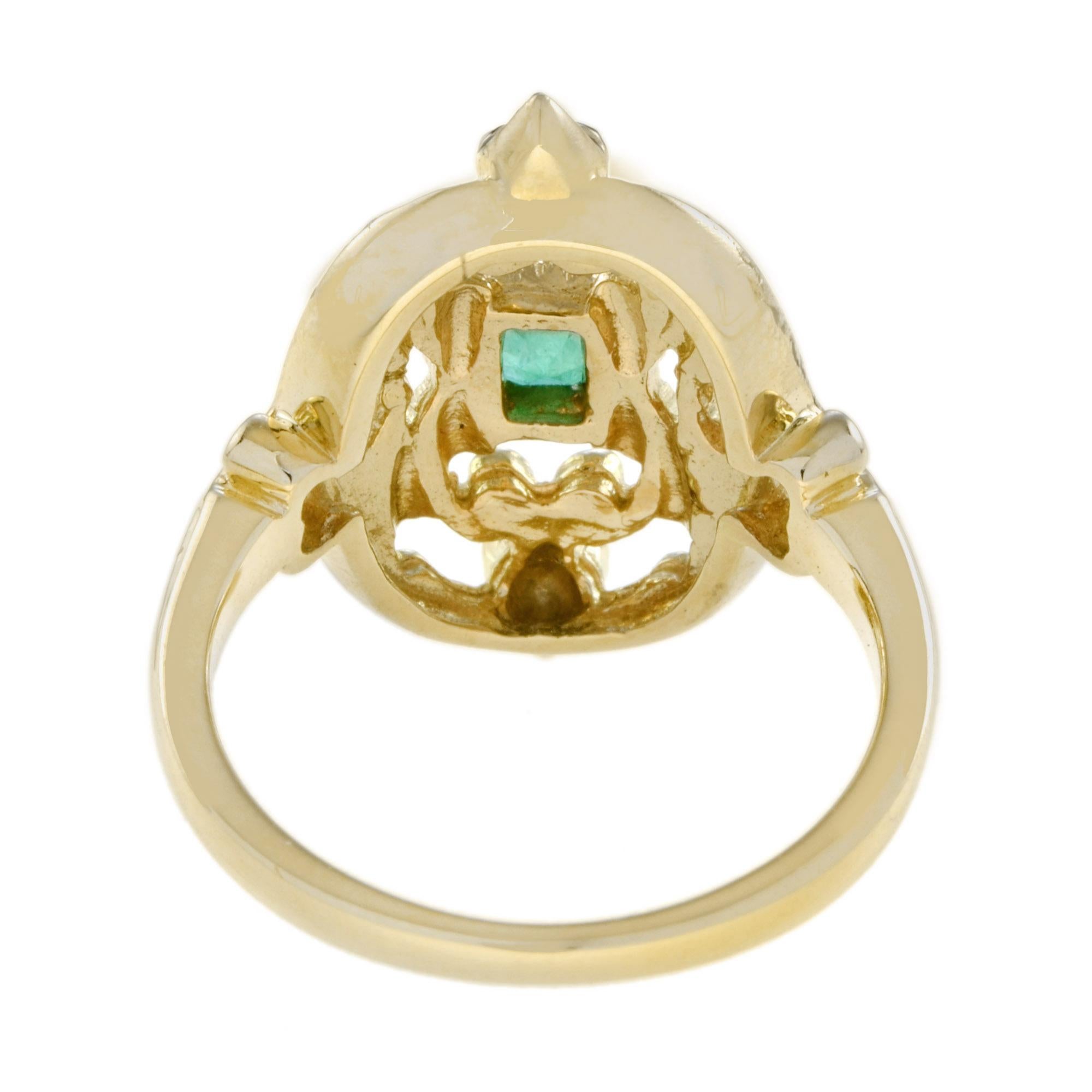 Unique Vintage Style Emerald & Pearl with Enamel Cocktail 14K Yellow Gold Ring In New Condition For Sale In Oakton, VA