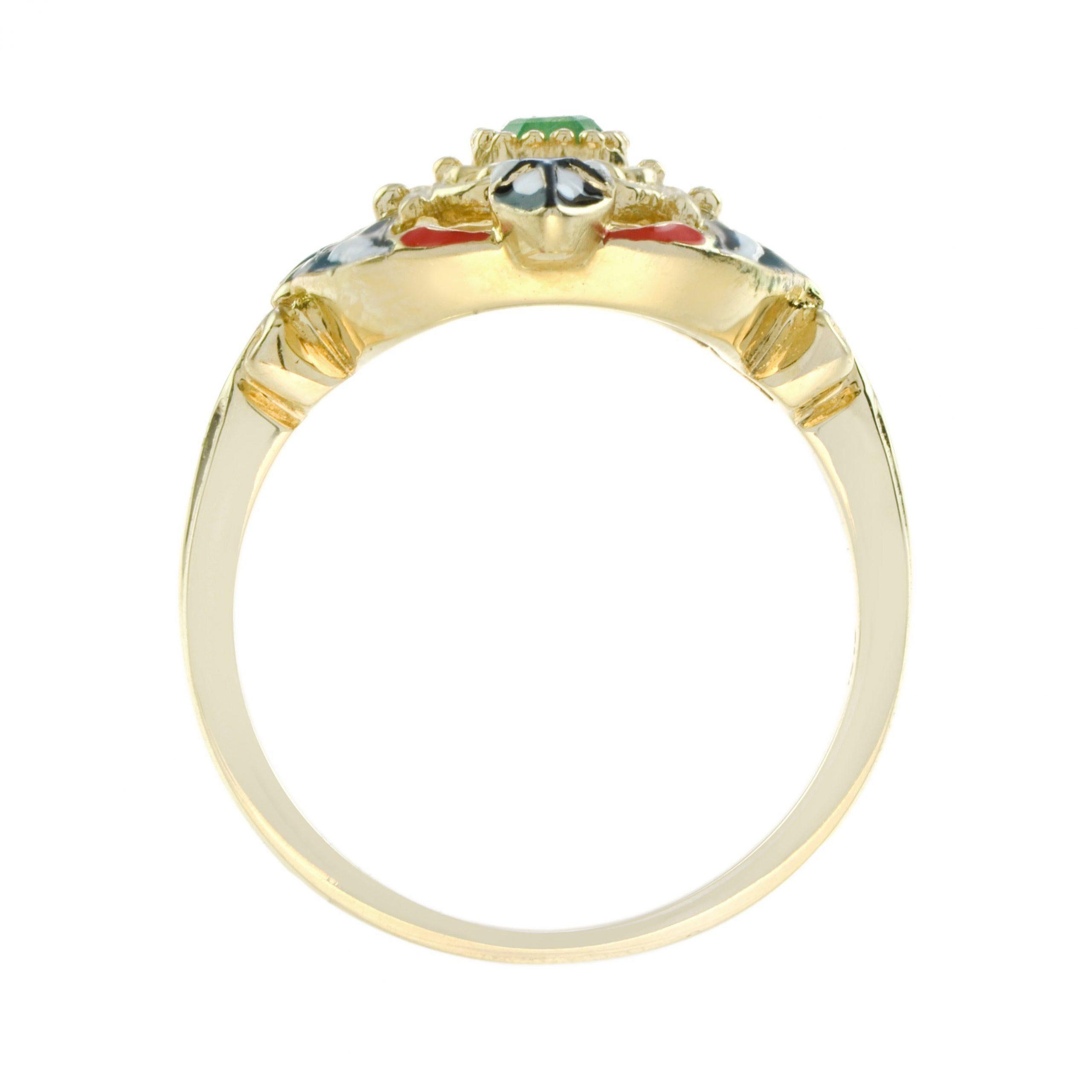 Women's Unique Vintage Style Emerald & Pearl with Enamel Cocktail 14K Yellow Gold Ring For Sale