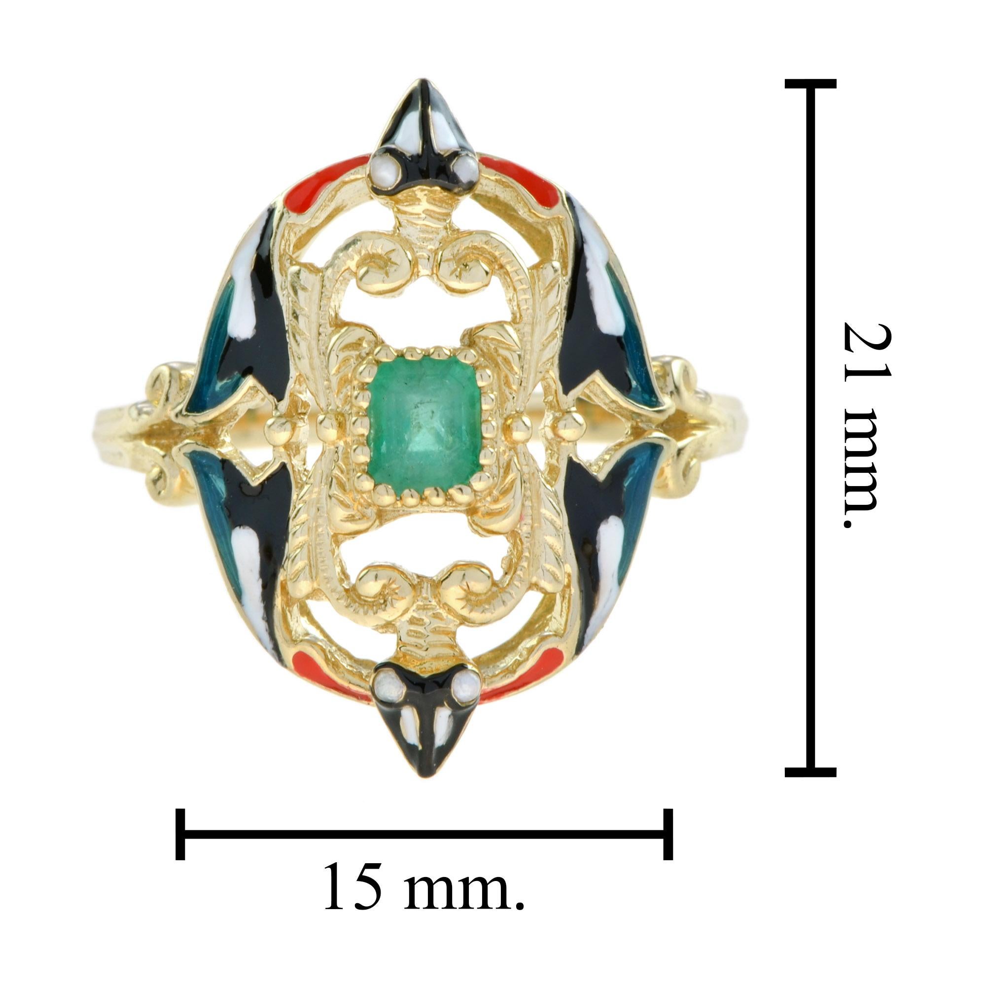 Unique Vintage Style Emerald & Pearl with Enamel Cocktail 14K Yellow Gold Ring For Sale 1
