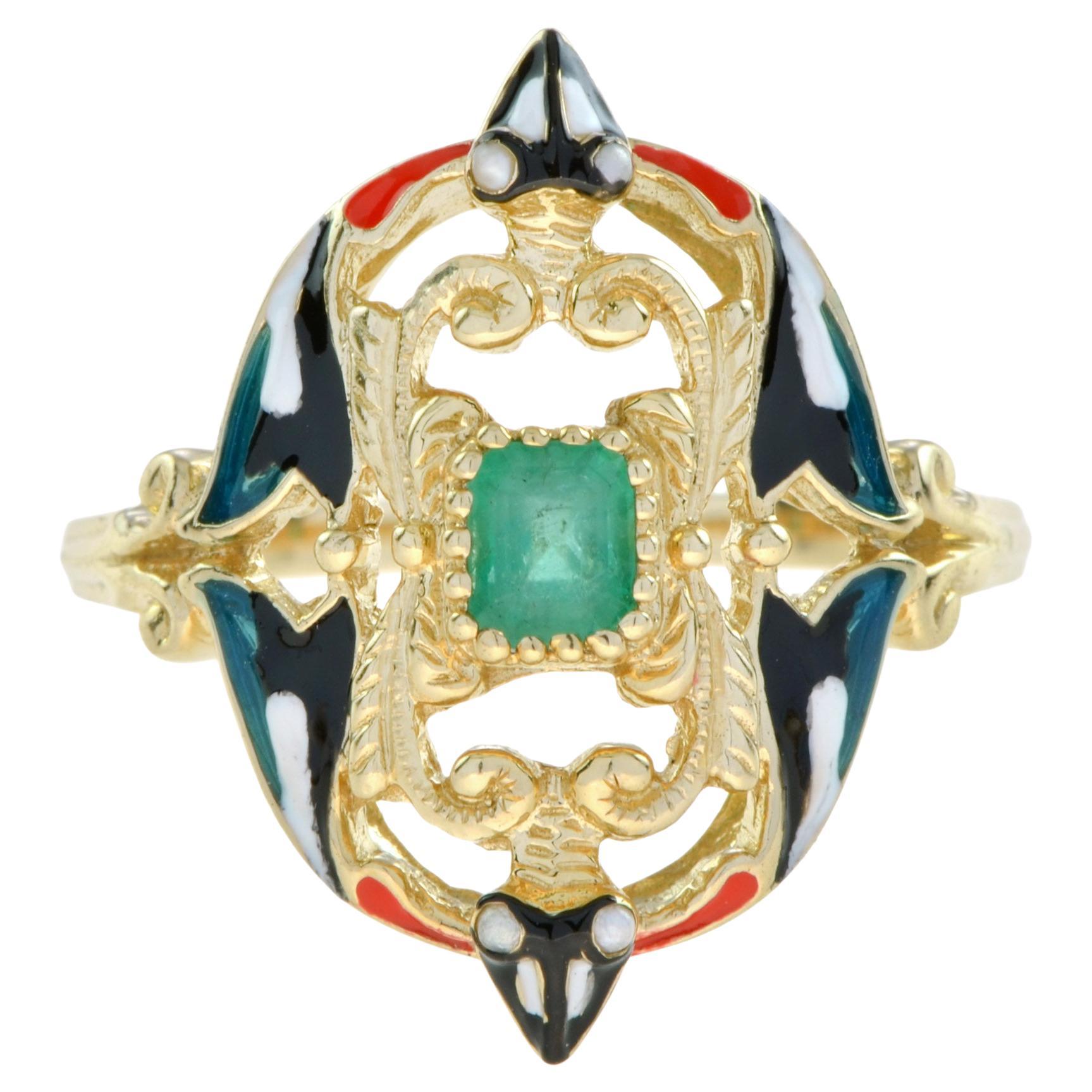 Unique Vintage Style Emerald & Pearl with Enamel Cocktail 14K Yellow Gold Ring For Sale