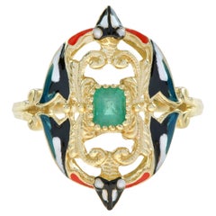 Unique Vintage Style Emerald & Pearl with Enamel Cocktail 14K Yellow Gold Ring