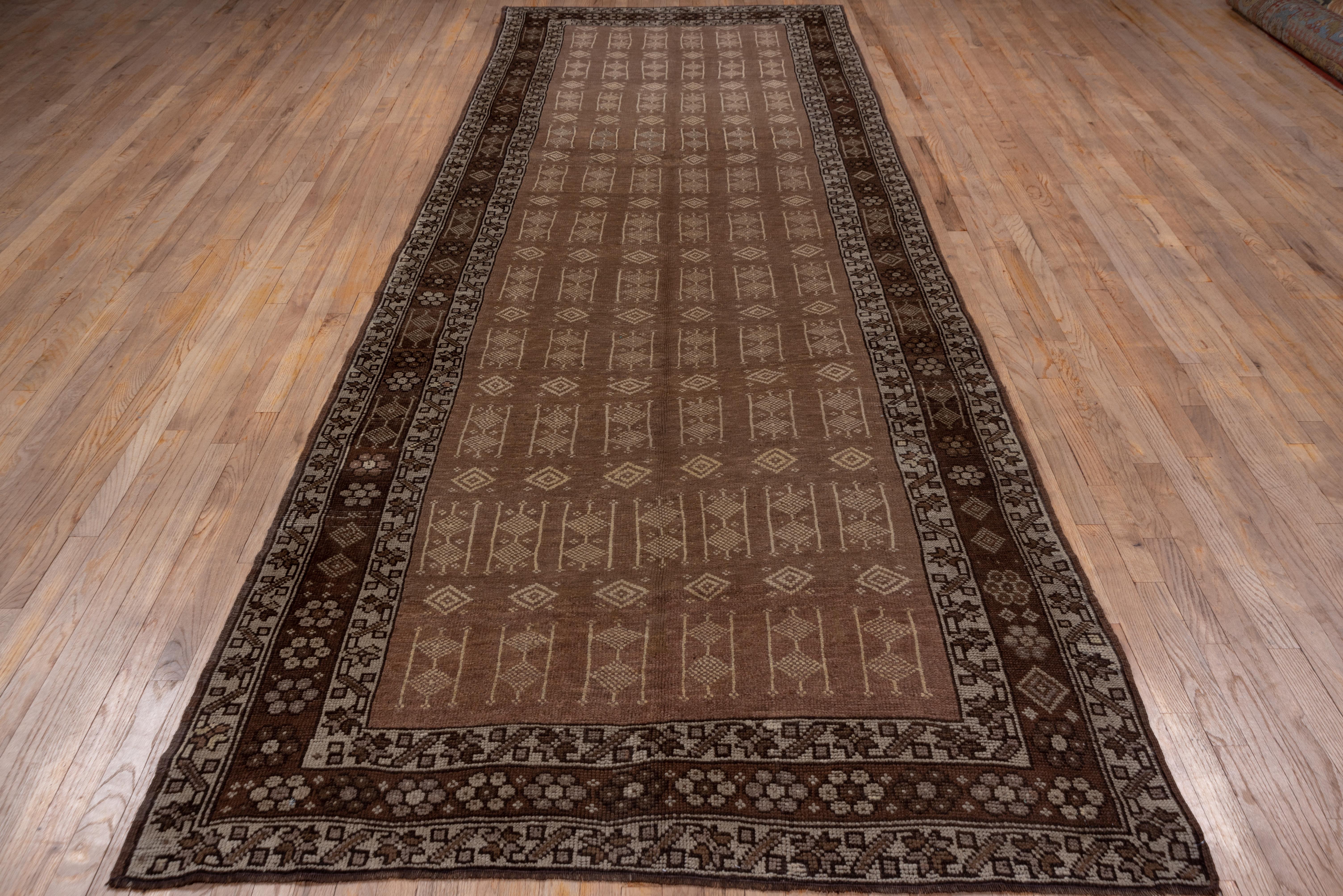 Tribal Unique Vintage Turkish Kars Gallery Carpet, Brown Palette, Allover Field For Sale