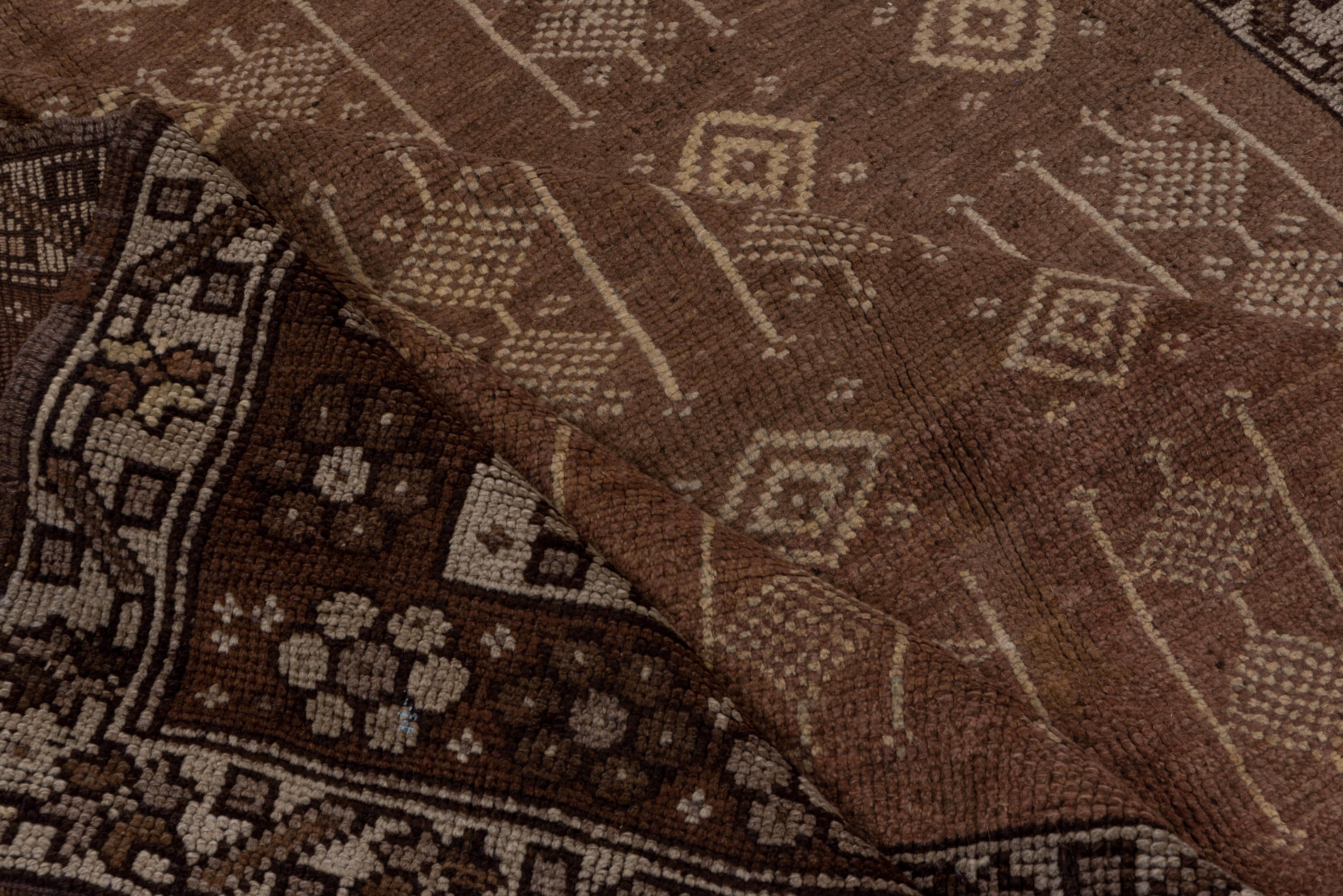 Wool Unique Vintage Turkish Kars Gallery Carpet, Brown Palette, Allover Field For Sale