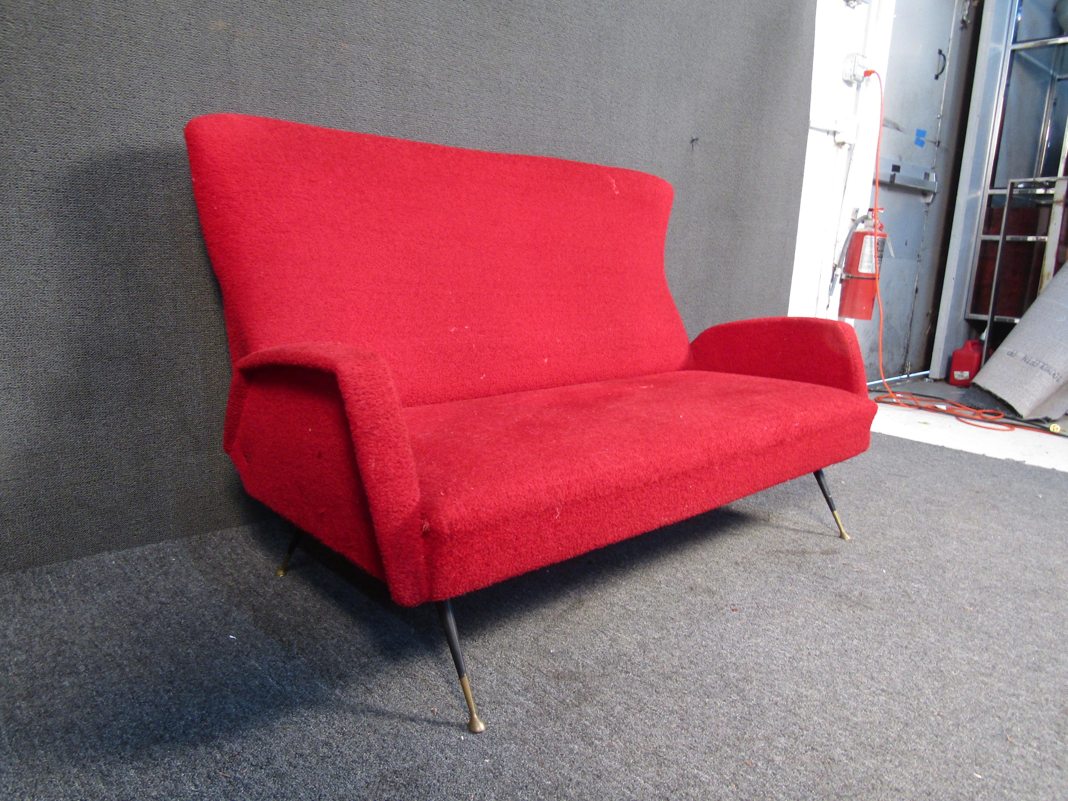Mid-Century Modern Unique Vintage Wingback Red Loveseat For Sale