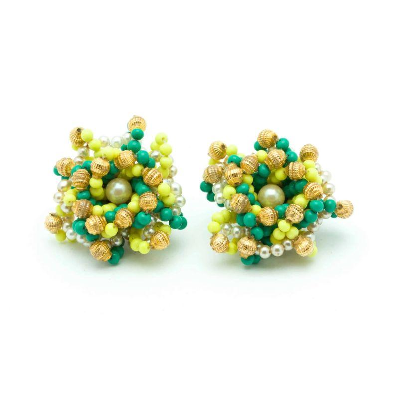 Beautiful & unusual color combination !!! Green, yellow and simulated pearls glass beads, gold plated metal, c.1960. Certainly Italian, not signed, unique vintage clip-on earrings.
Note: All our Clip-on earrings are tighted and delivered with extra