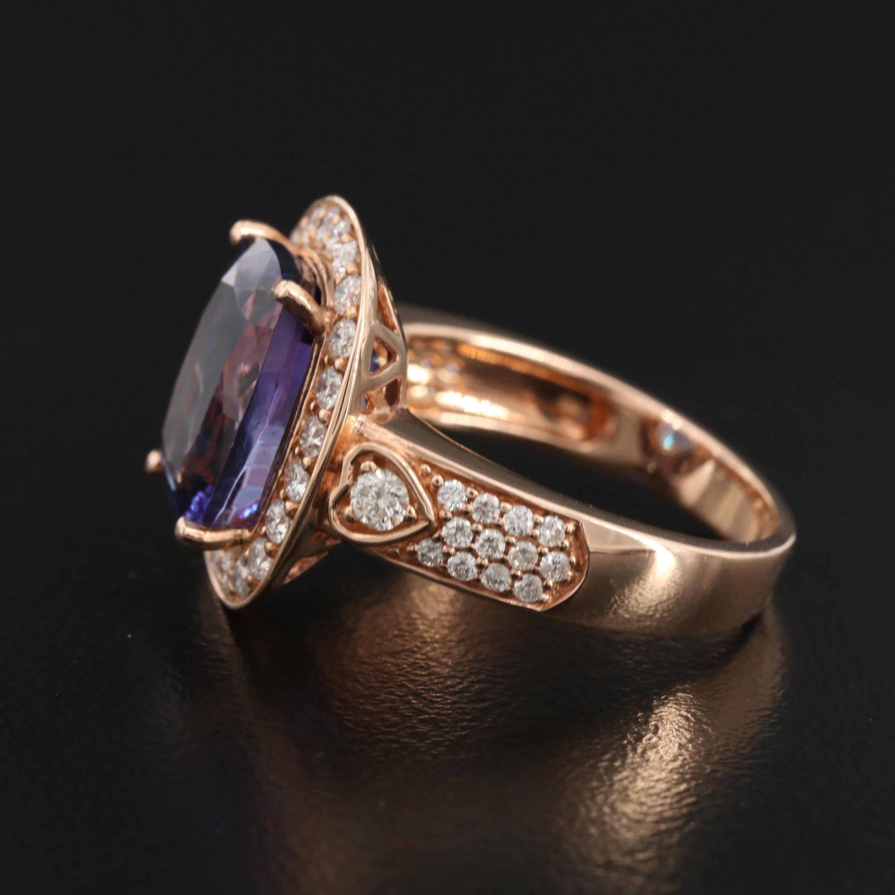 For Sale:  6 Carat Violet Tanzanite Engagement Ring, Halo Diamond Rose Gold Wedding Ring 2