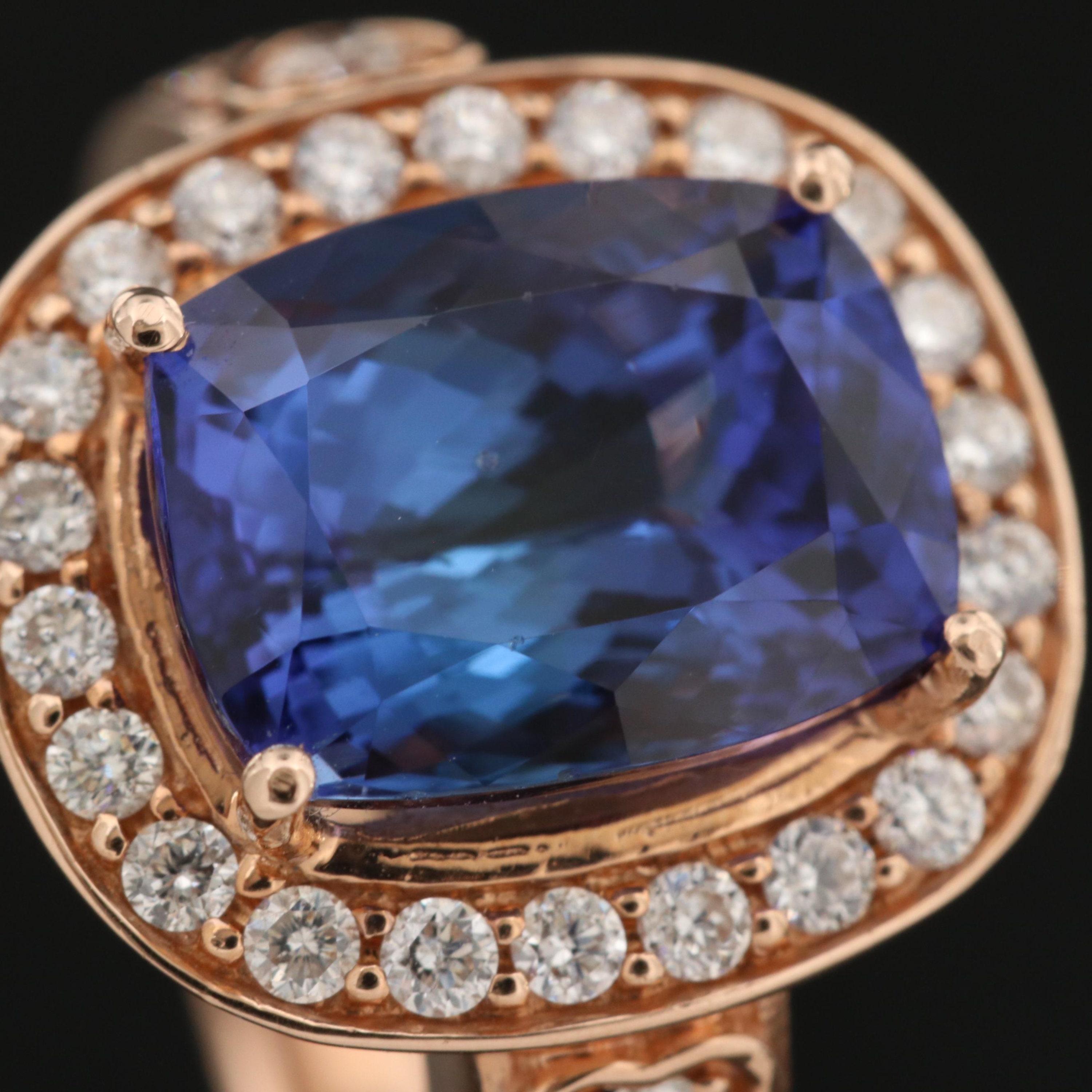 For Sale:  6 Carat Violet Tanzanite Engagement Ring, Halo Diamond Rose Gold Wedding Ring 3