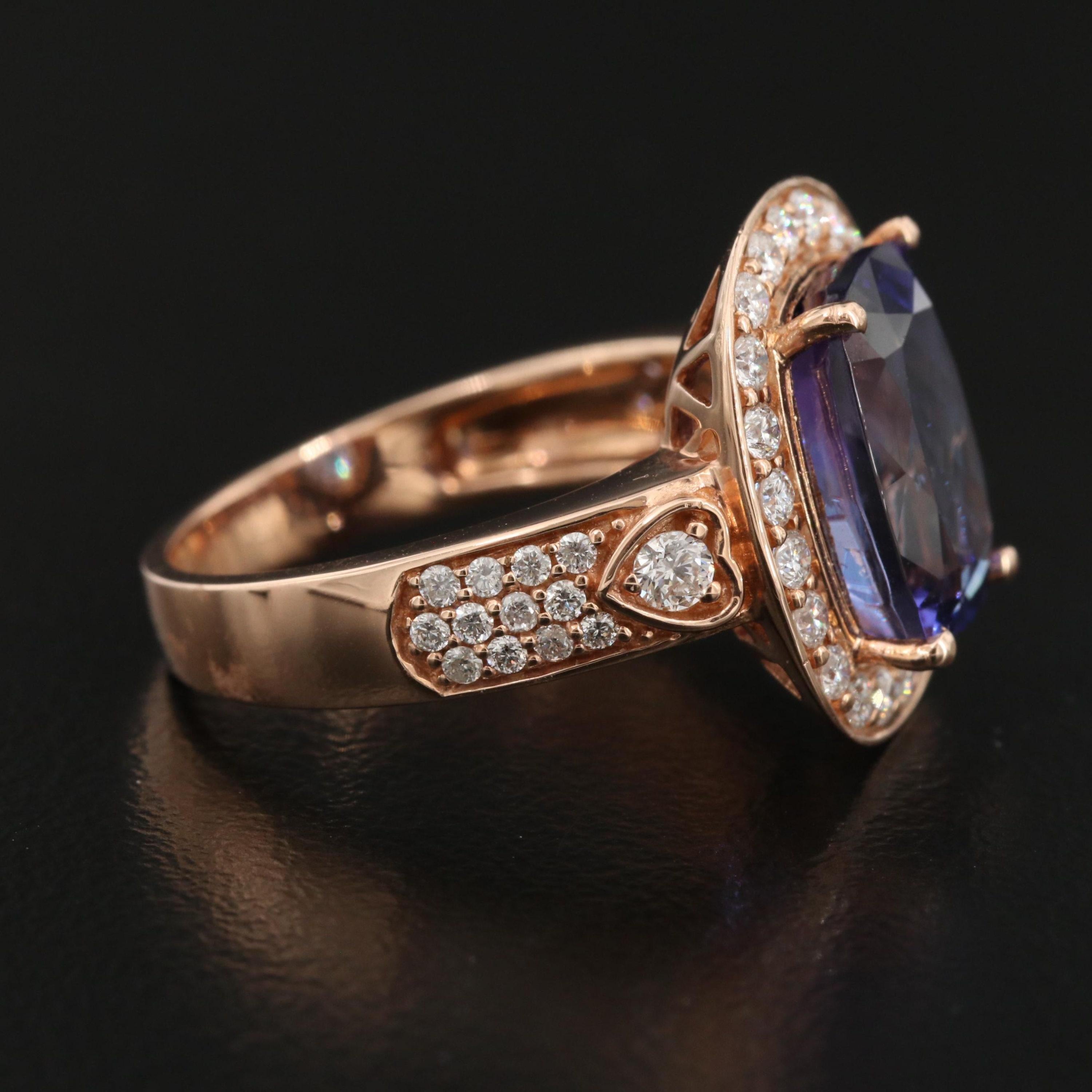 For Sale:  6 Carat Violet Tanzanite Engagement Ring, Halo Diamond Rose Gold Wedding Ring 4