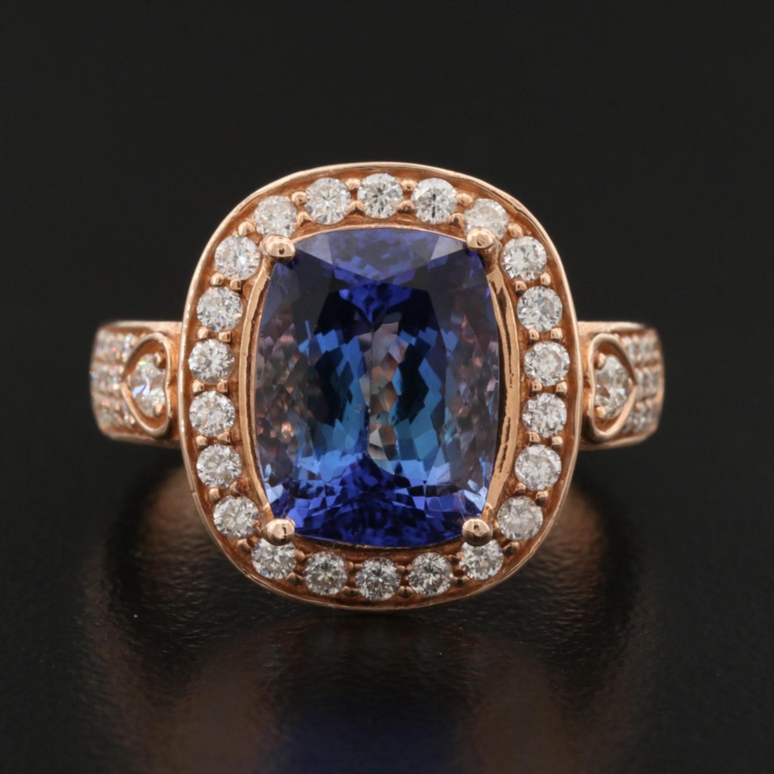 For Sale:  6 Carat Violet Tanzanite Engagement Ring, Halo Diamond Rose Gold Wedding Ring 5