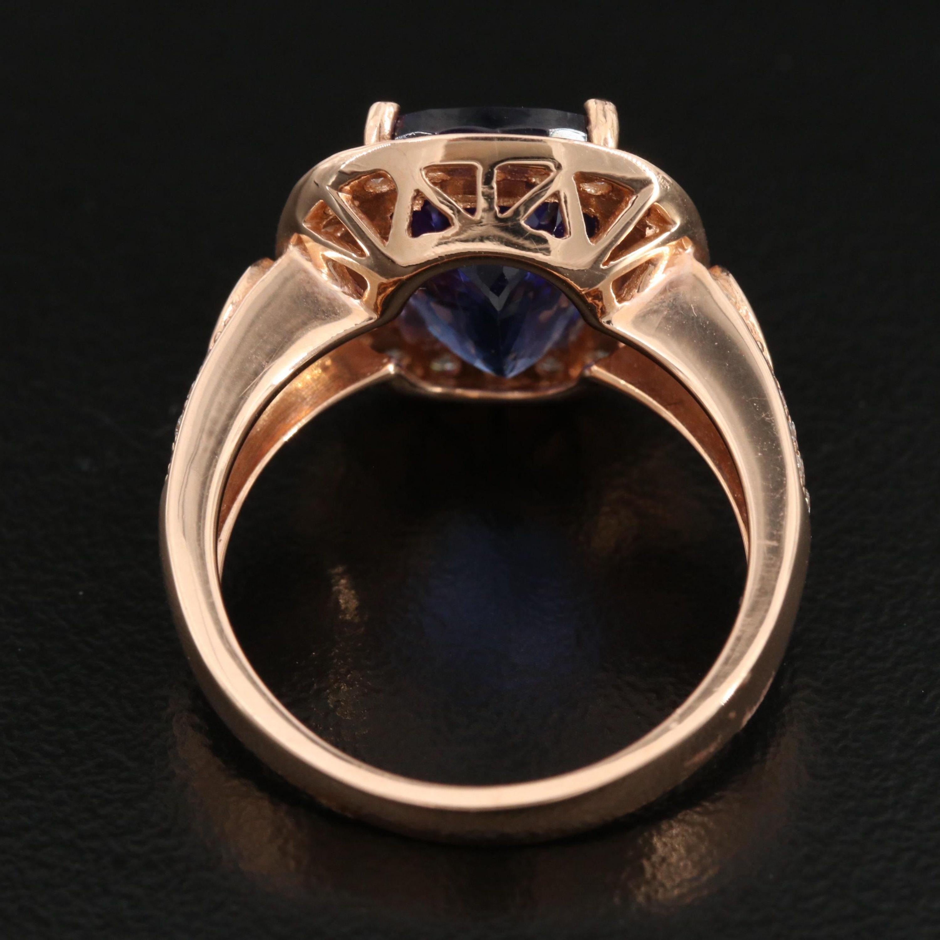 For Sale:  6 Carat Violet Tanzanite Engagement Ring, Halo Diamond Rose Gold Wedding Ring 6